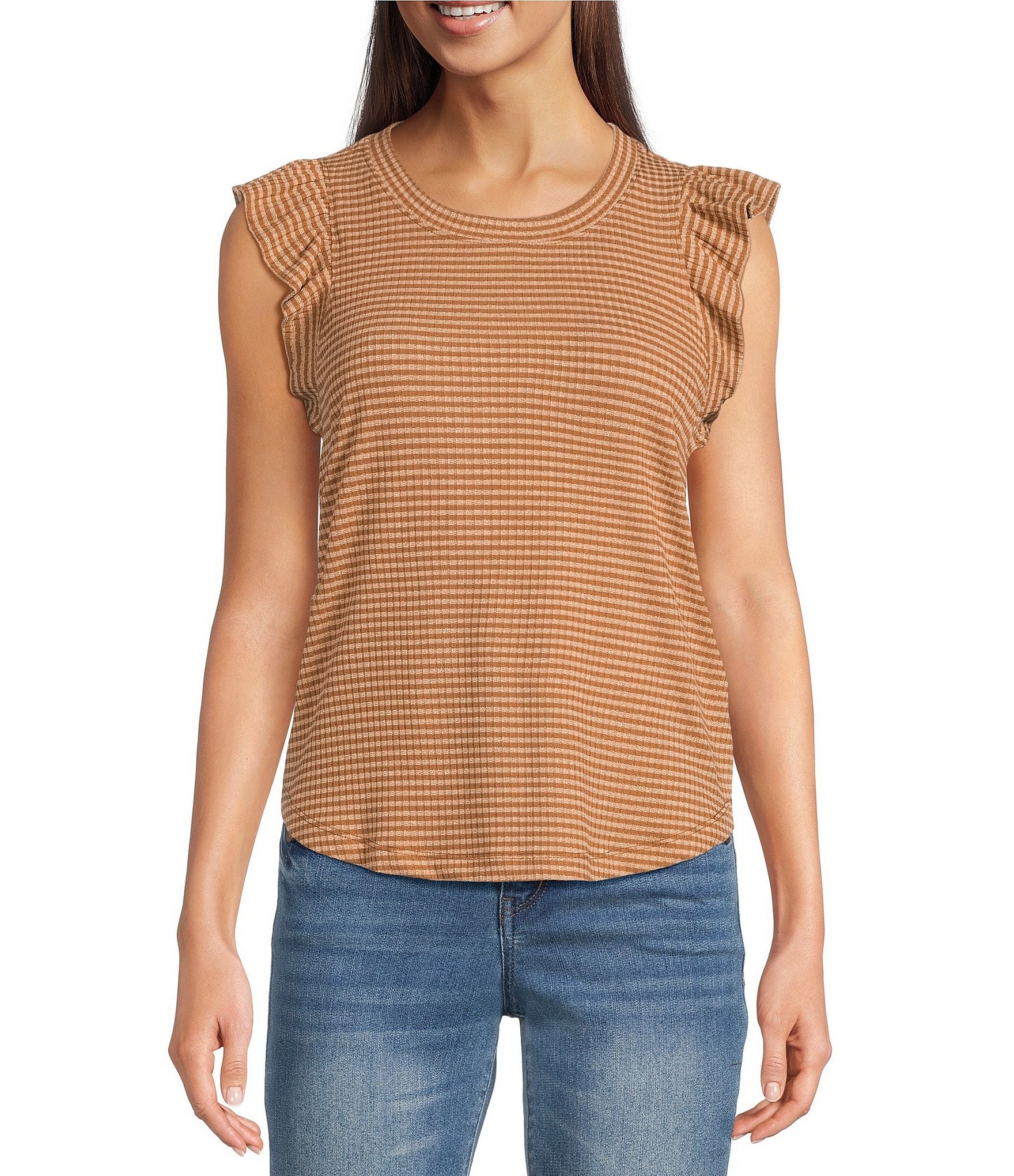 Democracy Lurex Stripe Crew Neck Ruffle Cap Sleeve Knit Top