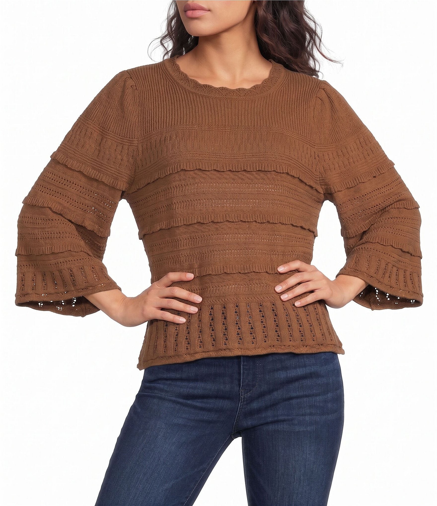 Democracy Mixed Stitch Round Neck 3/4 Bell Sleeve Sweater