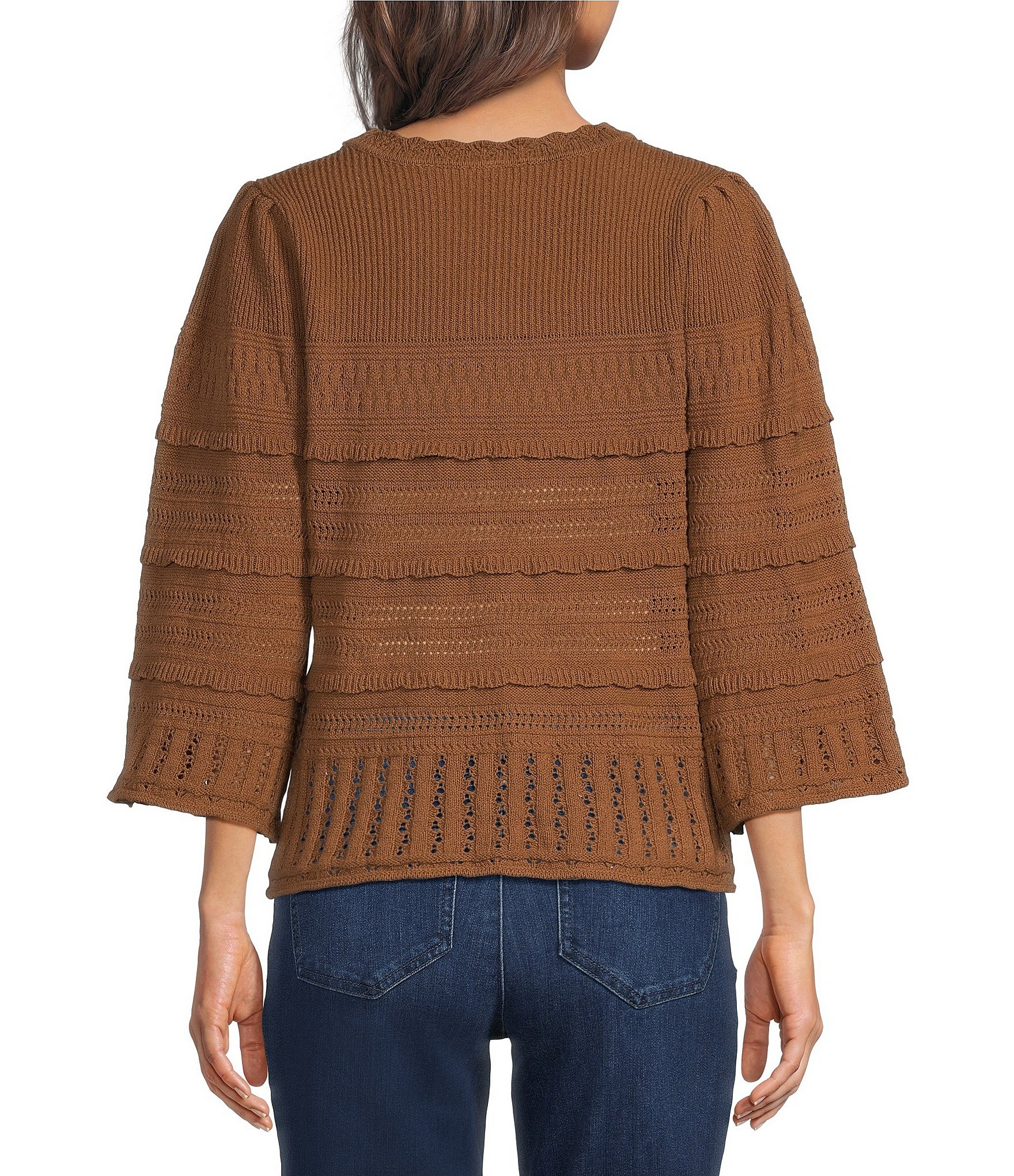 Democracy Mixed Stitch Round Neck 3/4 Bell Sleeve Sweater