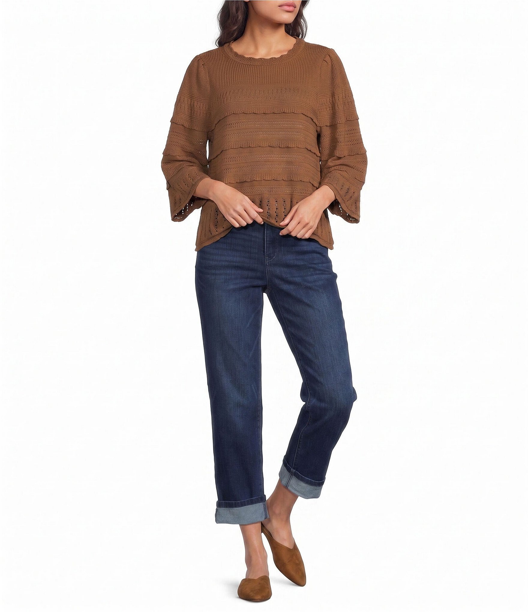 Democracy Mixed Stitch Round Neck 3/4 Bell Sleeve Sweater