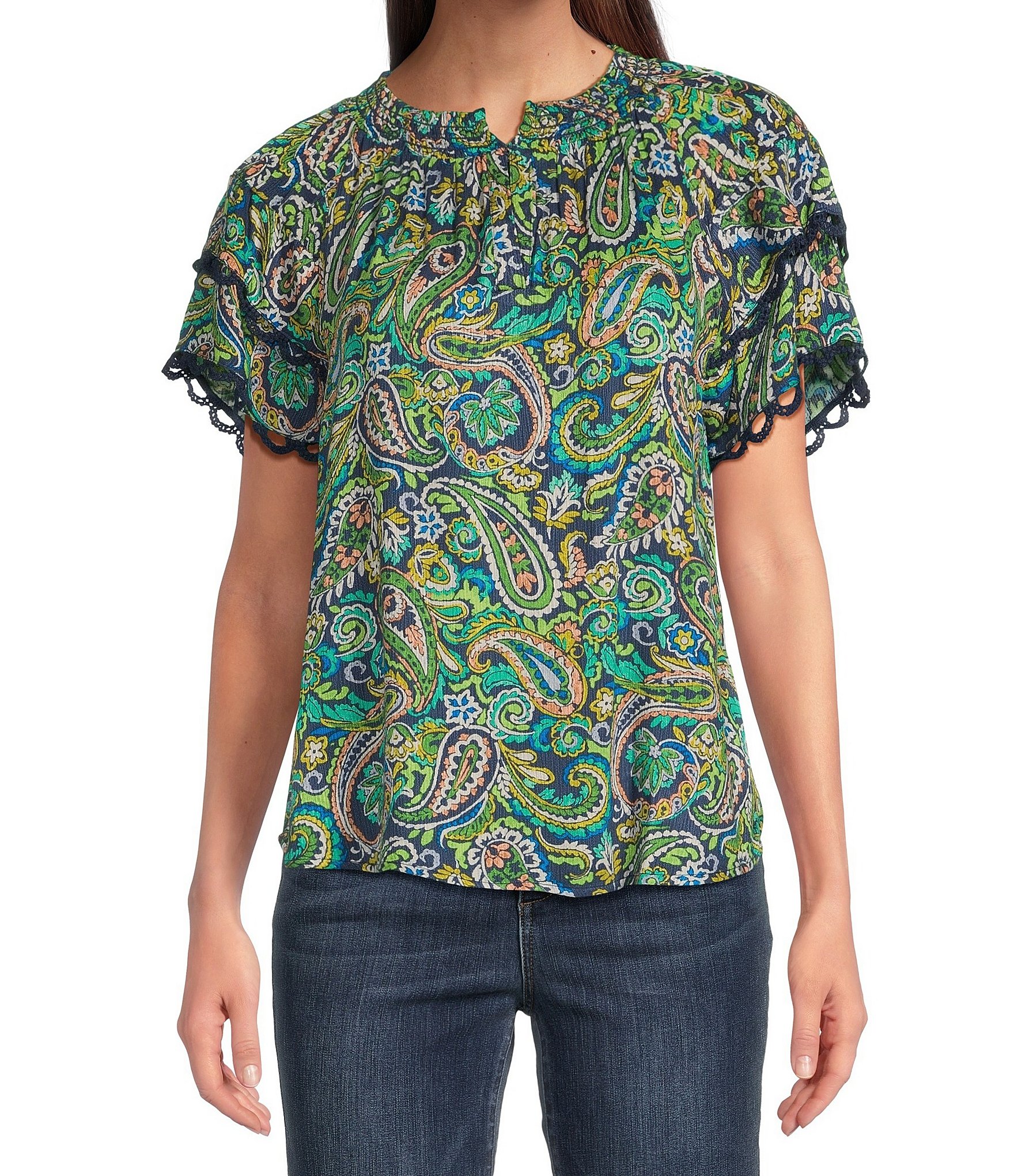 人気商品は Democracy Trim Lace V-Neck Split Smocked Print Paisley トップス
