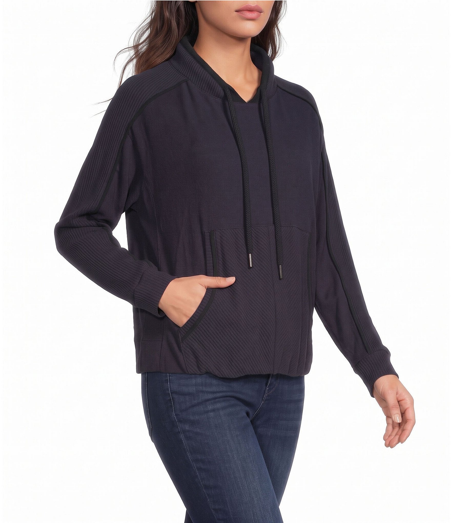 Democracy Petite Size Mixed Media Mock Neck Tie Front Long Sleeve Bubble Hem Top