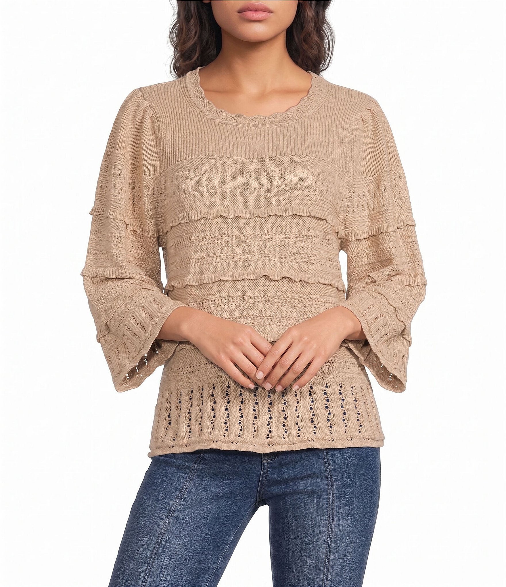 Democracy Petite Size Mixed Stitch Scalloped Round Neck 3/4 Bell Sleeve Scalloped Tier Sweater