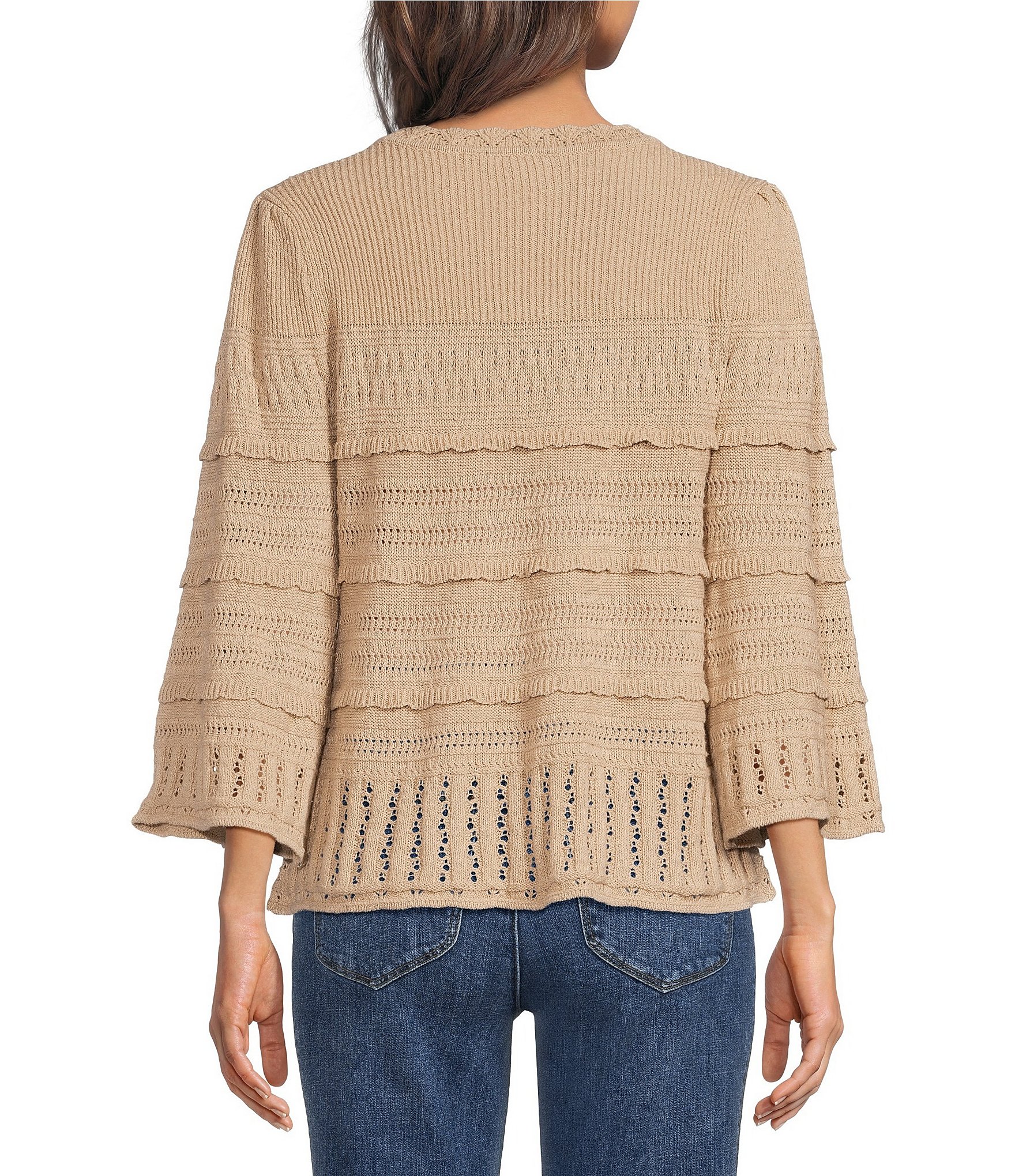 Democracy Petite Size Mixed Stitch Scalloped Round Neck 3/4 Bell Sleeve Scalloped Tier Sweater
