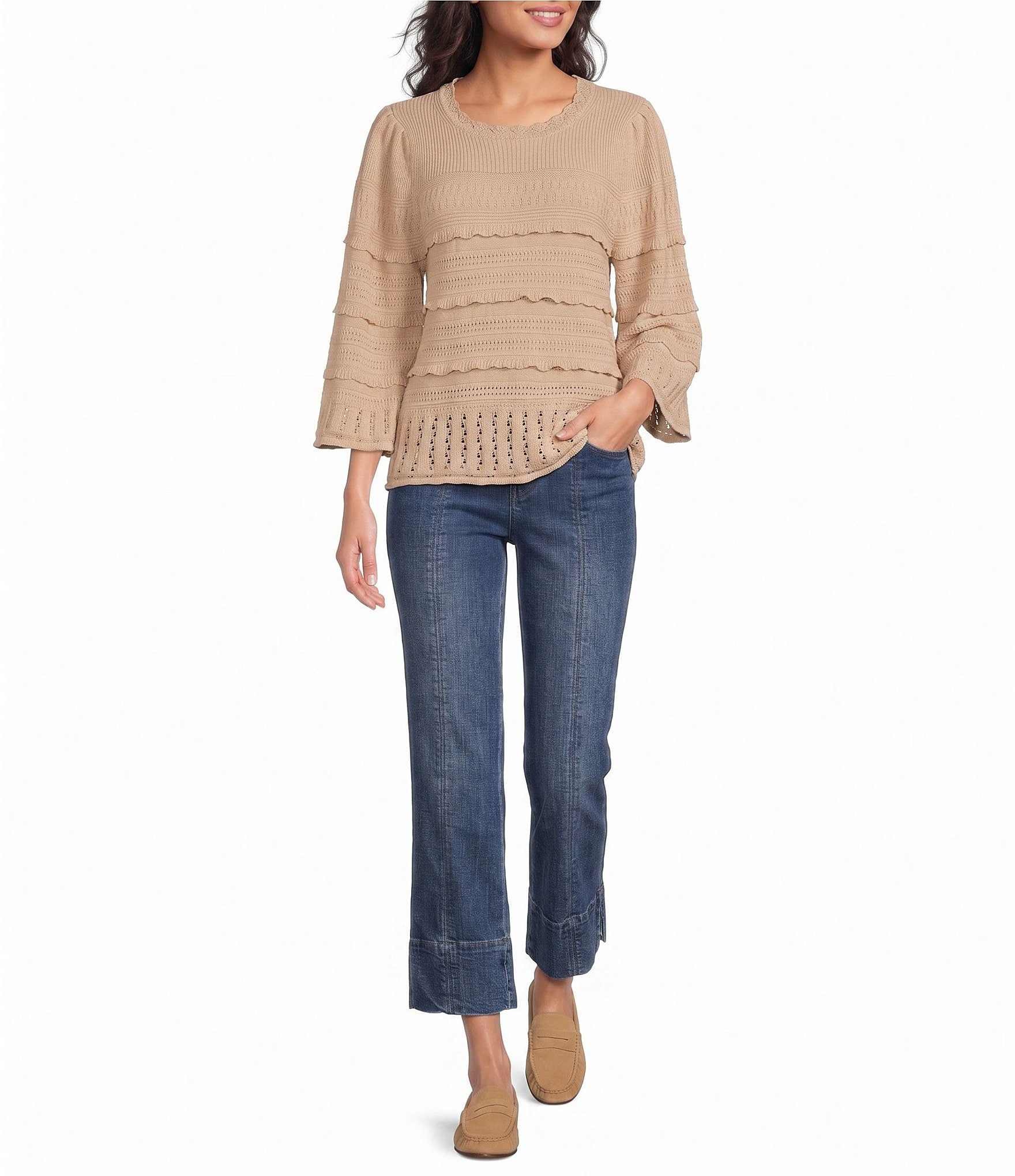 Democracy Petite Size Mixed Stitch Scalloped Round Neck 3/4 Bell Sleeve Scalloped Tier Sweater