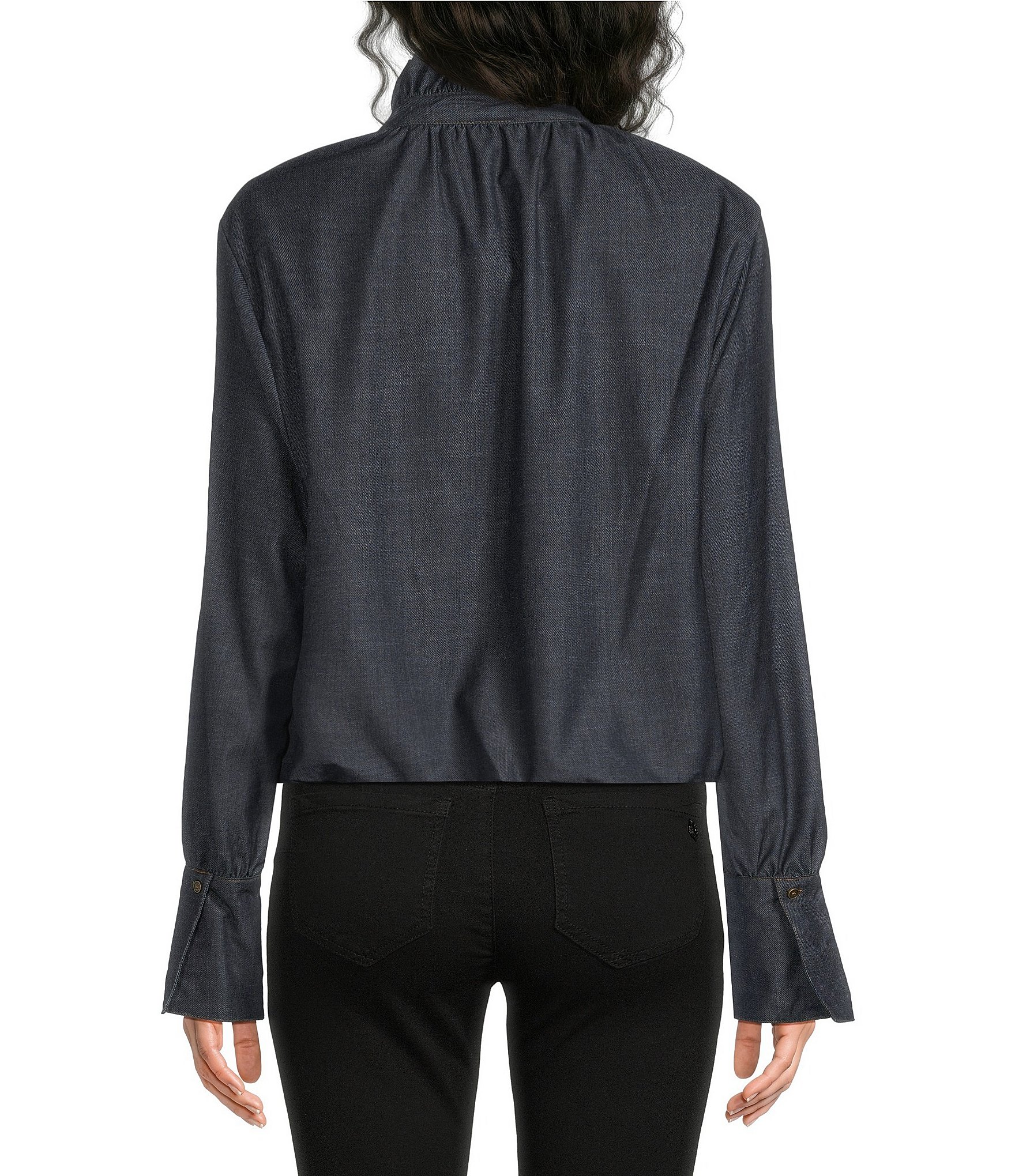 Democracy Petite Size Ruffle Collar Long Sleeve French Cuff Bubble Hem Button Front Shirt