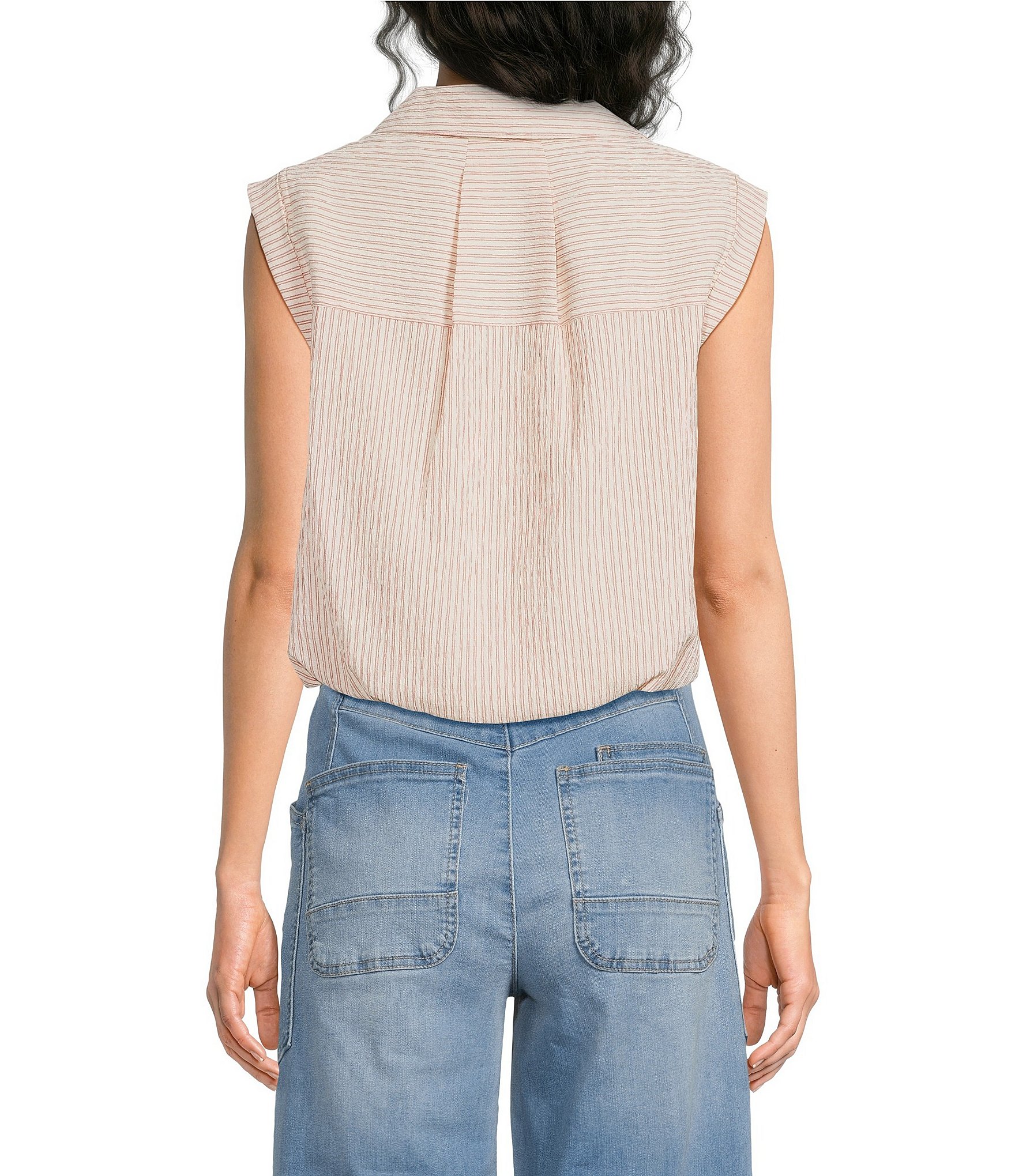 Democracy Petite Size Spliced Stripe Point Collar Cap Sleeve Bubble Hem Button-Front Top