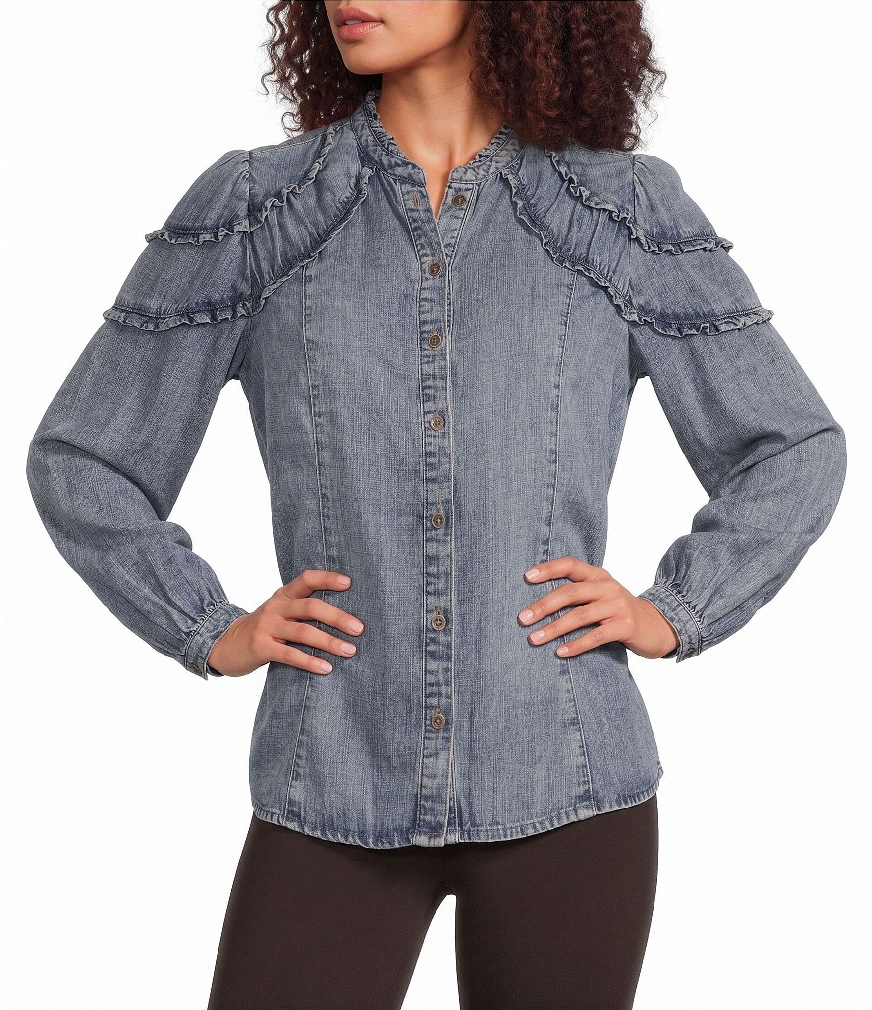 Democracy Petite Size Stand Collar Long Sleeve Ruffle Shoulder Button Front Shirt