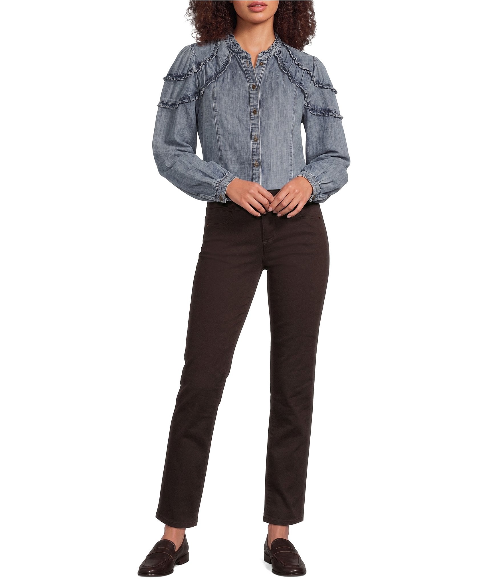 Democracy Petite Size Stand Collar Long Sleeve Ruffle Shoulder Button Front Shirt