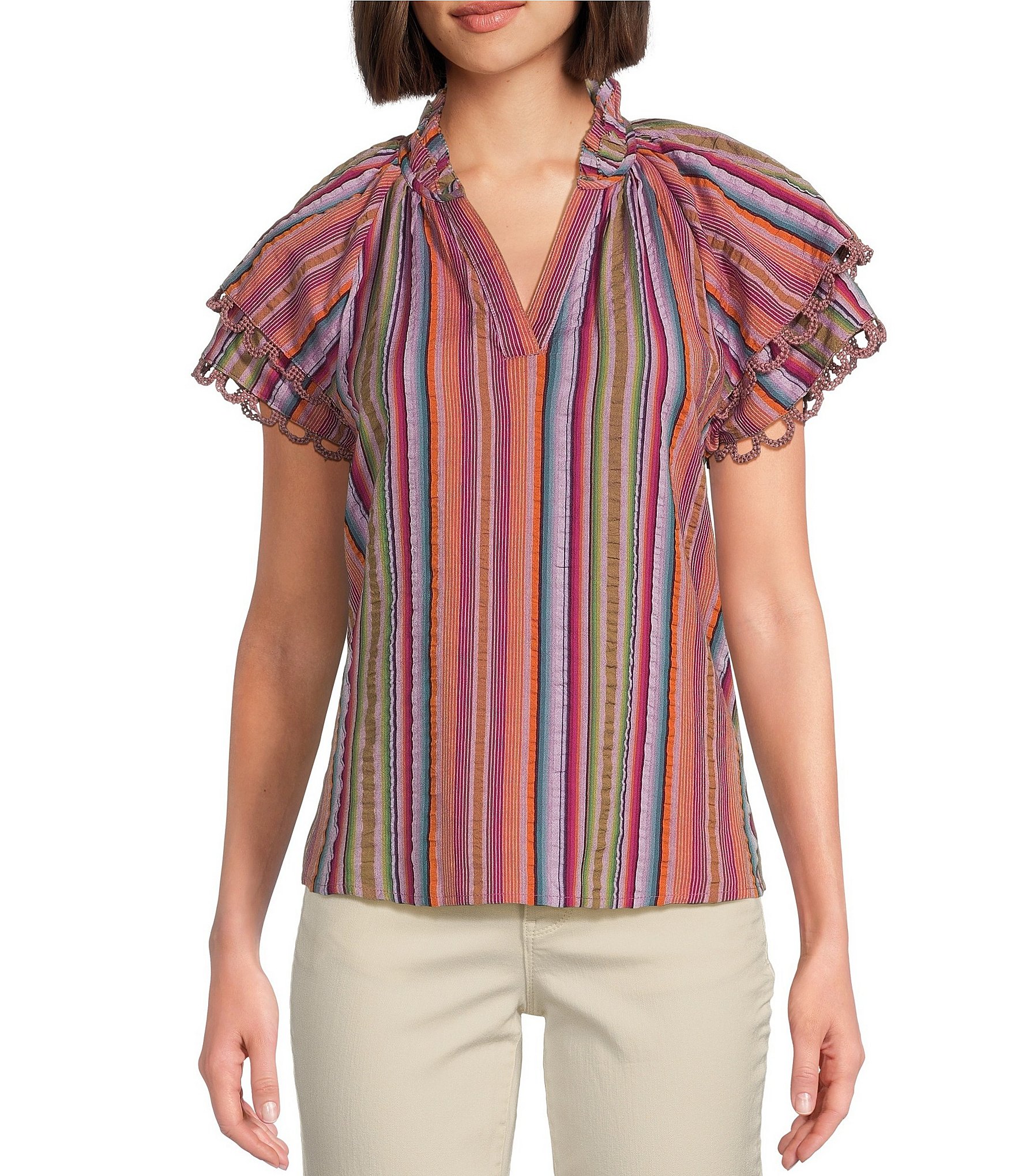 Democracy Petite Size Stripe Smocked Split V-Neck Lace Trim Double Flounce  Sleeve Top | Dillard's