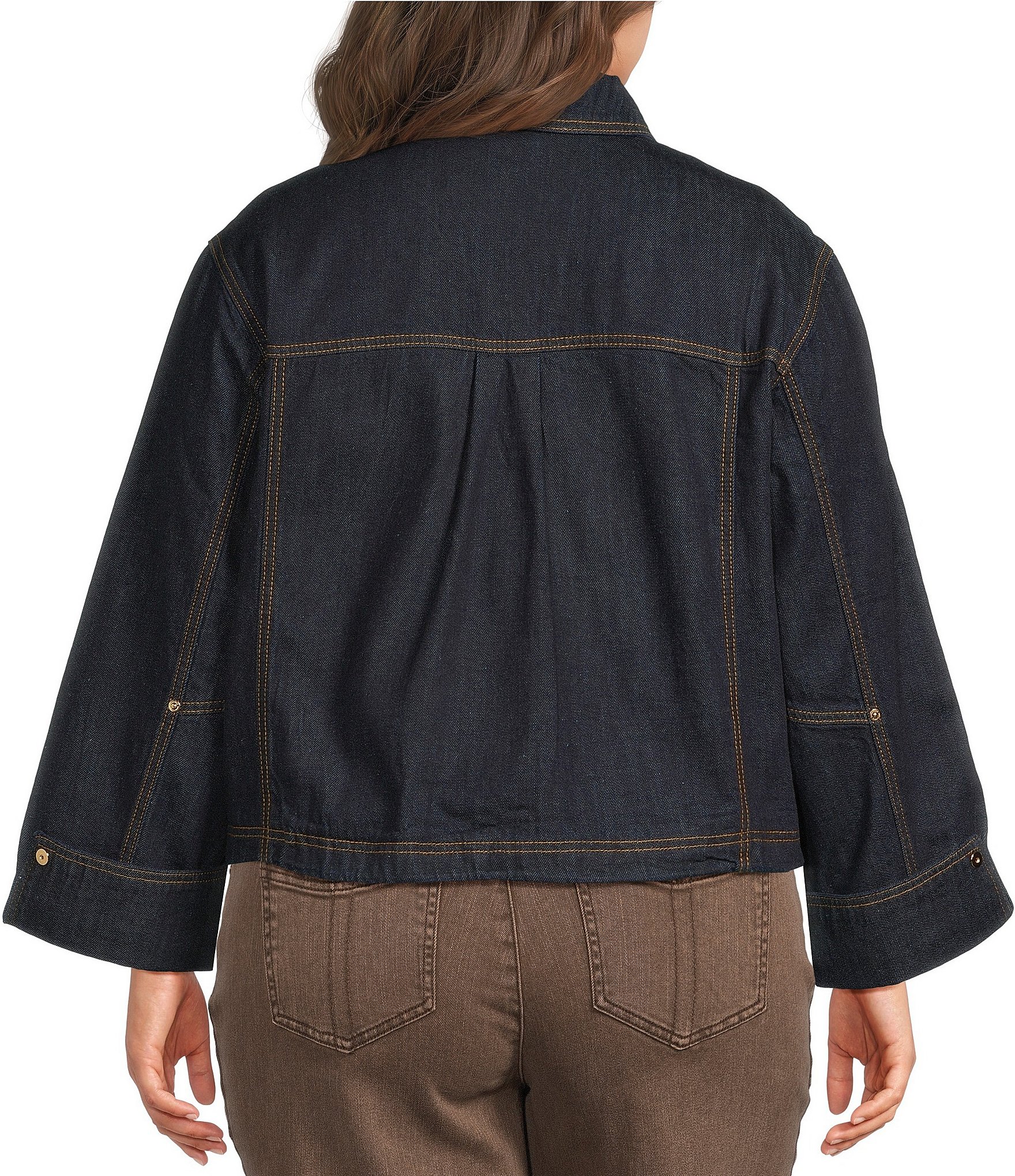 Democracy Plus Size Denim Point Collar 3/4 Cuffed Sleeve Oversized Pocket Bomber Jacket