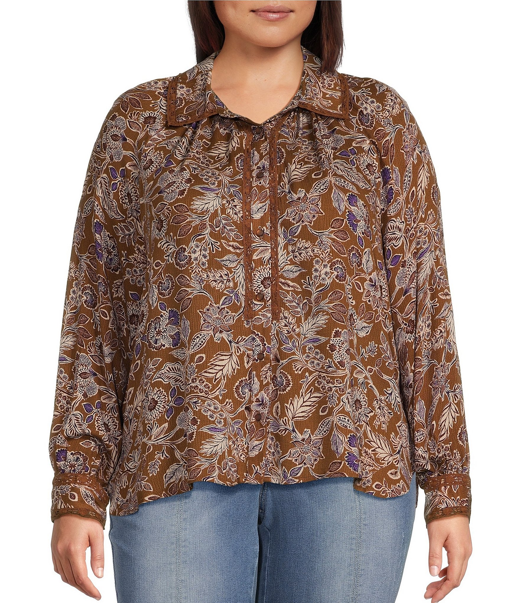 Democracy Plus Size Floral Woven Pont Collar Long Sleeve Crochet Inset Detail Shirt