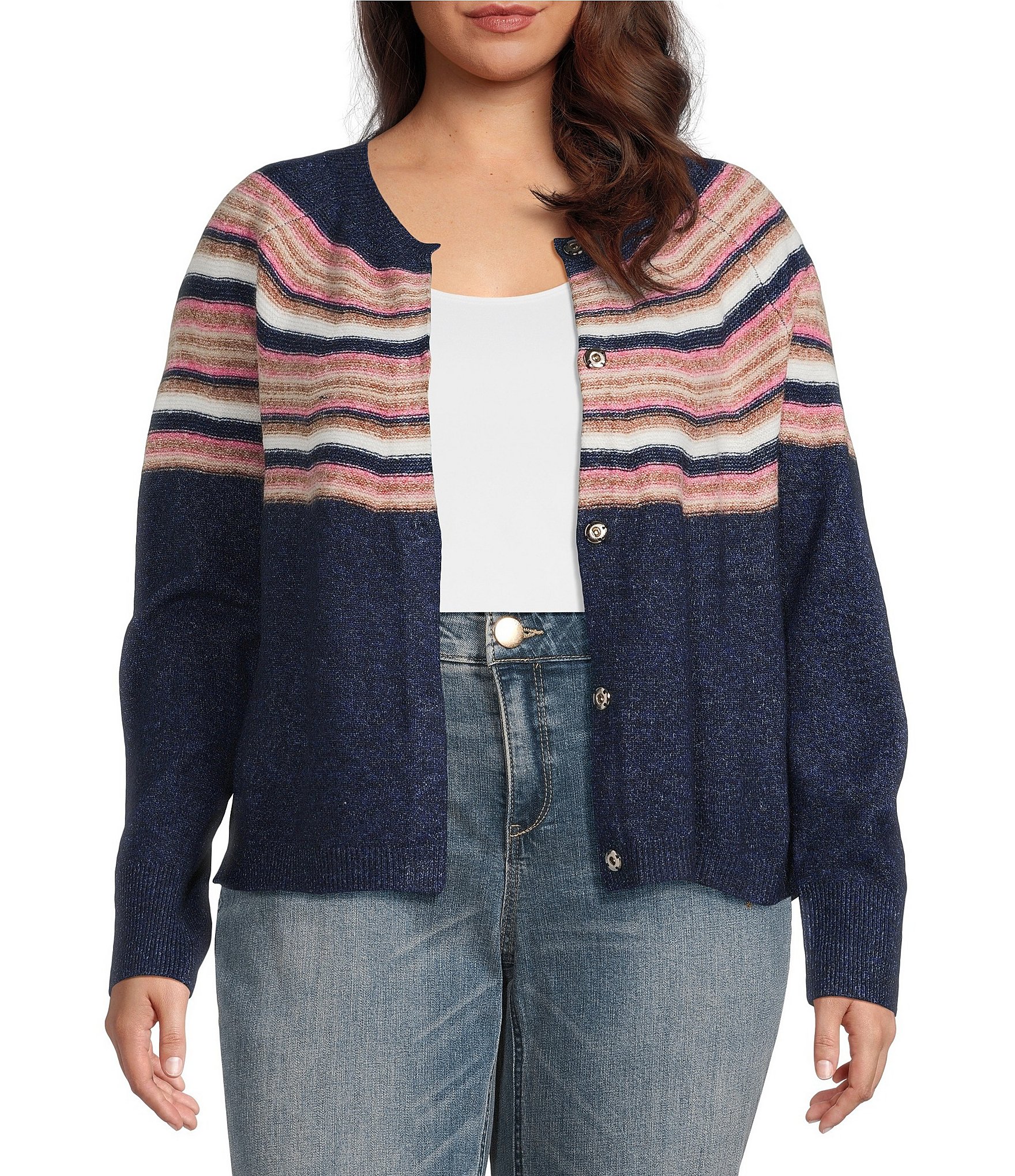 Democracy Plus Size Jacquard Abstract Placement Stripe Round Neck Long Sleeve Snap-Front Sweater Cardigan
