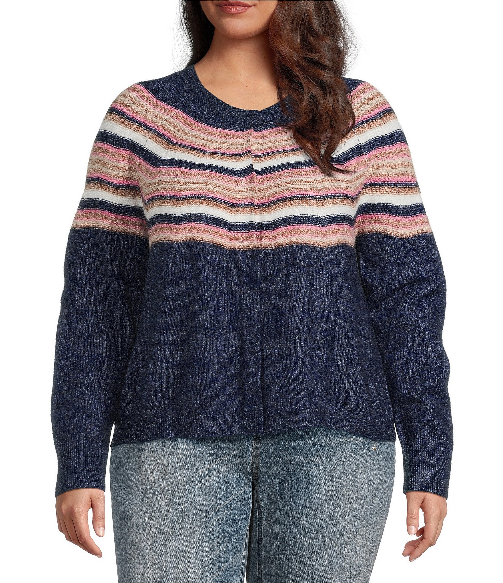 Democracy Plus Size Jacquard Abstract Placement Stripe Round Neck Long Sleeve Snap-Front Sweater Cardigan
