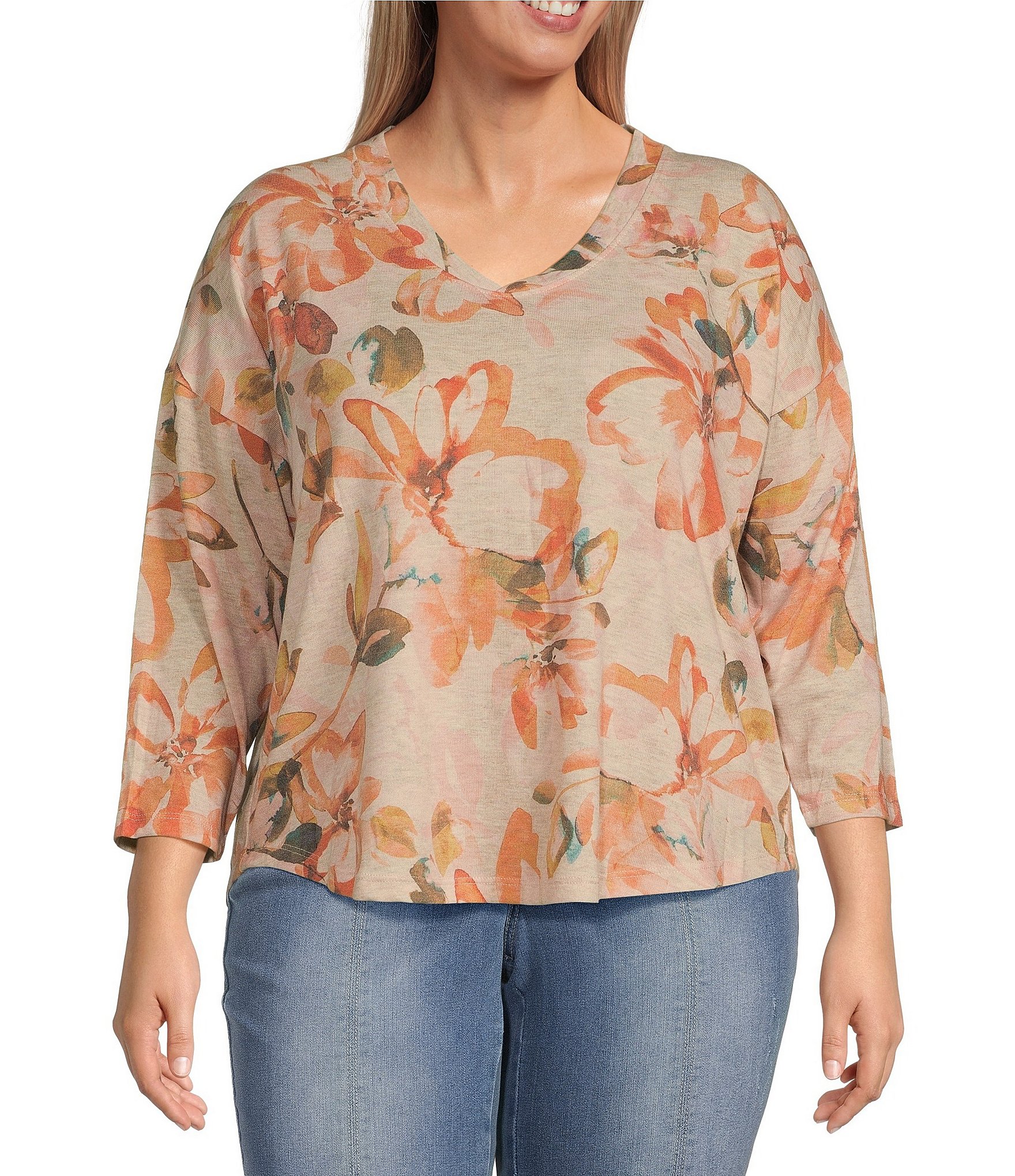 Democracy Plus Size Knit Floral V Neck 3 4 Sleeve Shirttail Hem Top