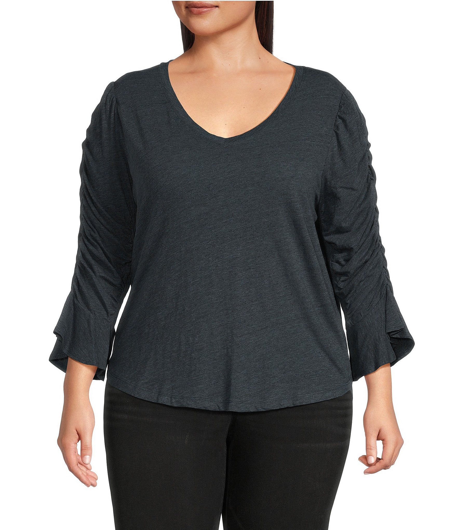 Democracy Plus Size Knit V-Neck 3/4 Ruched Sleeve Surplus Shirttail Hem ...