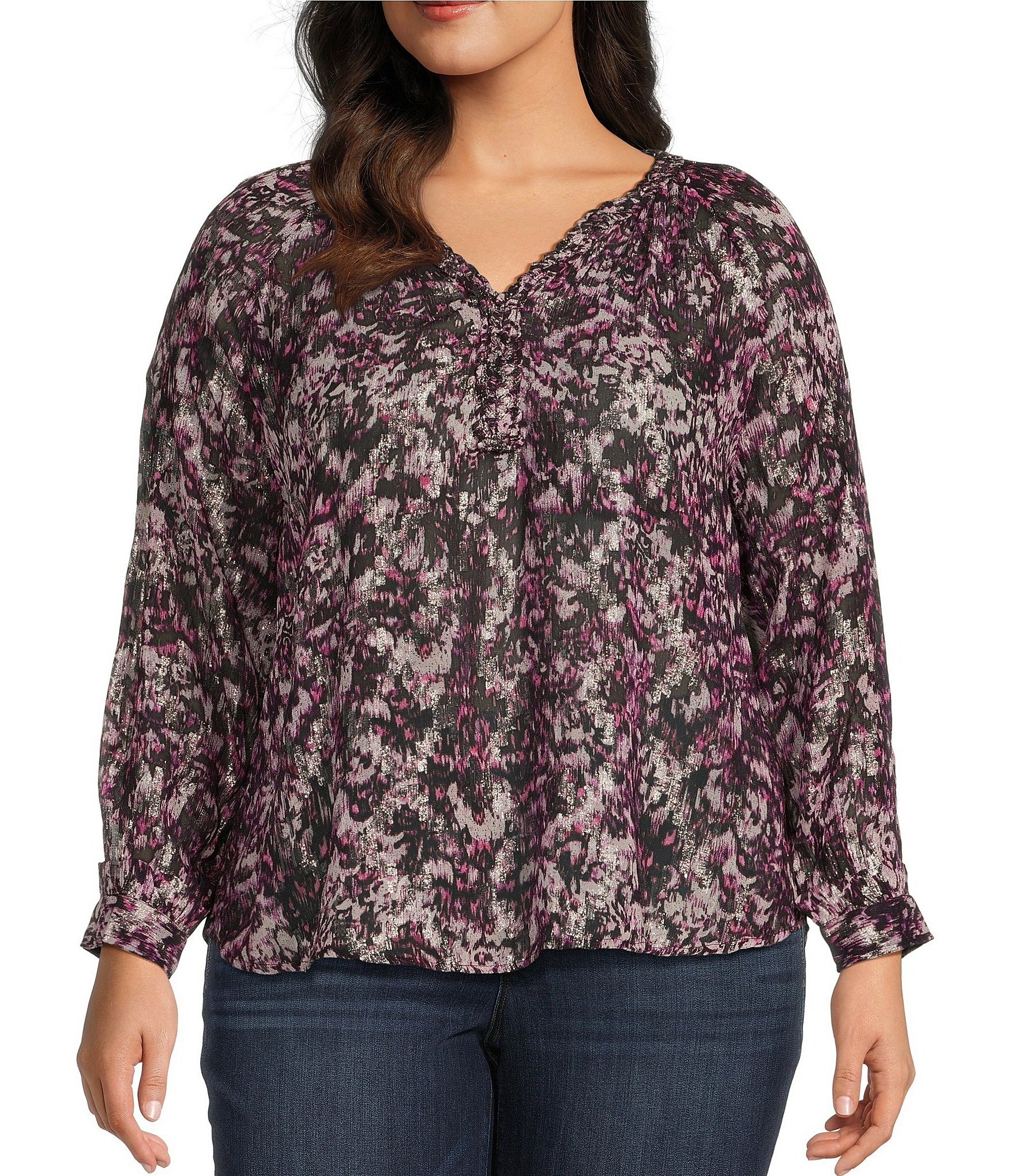 Democracy Plus Size Metallic Jacquard Woven Geo Print Braided V-Notch Neck  Long Sleeve Blouse | Dillard's