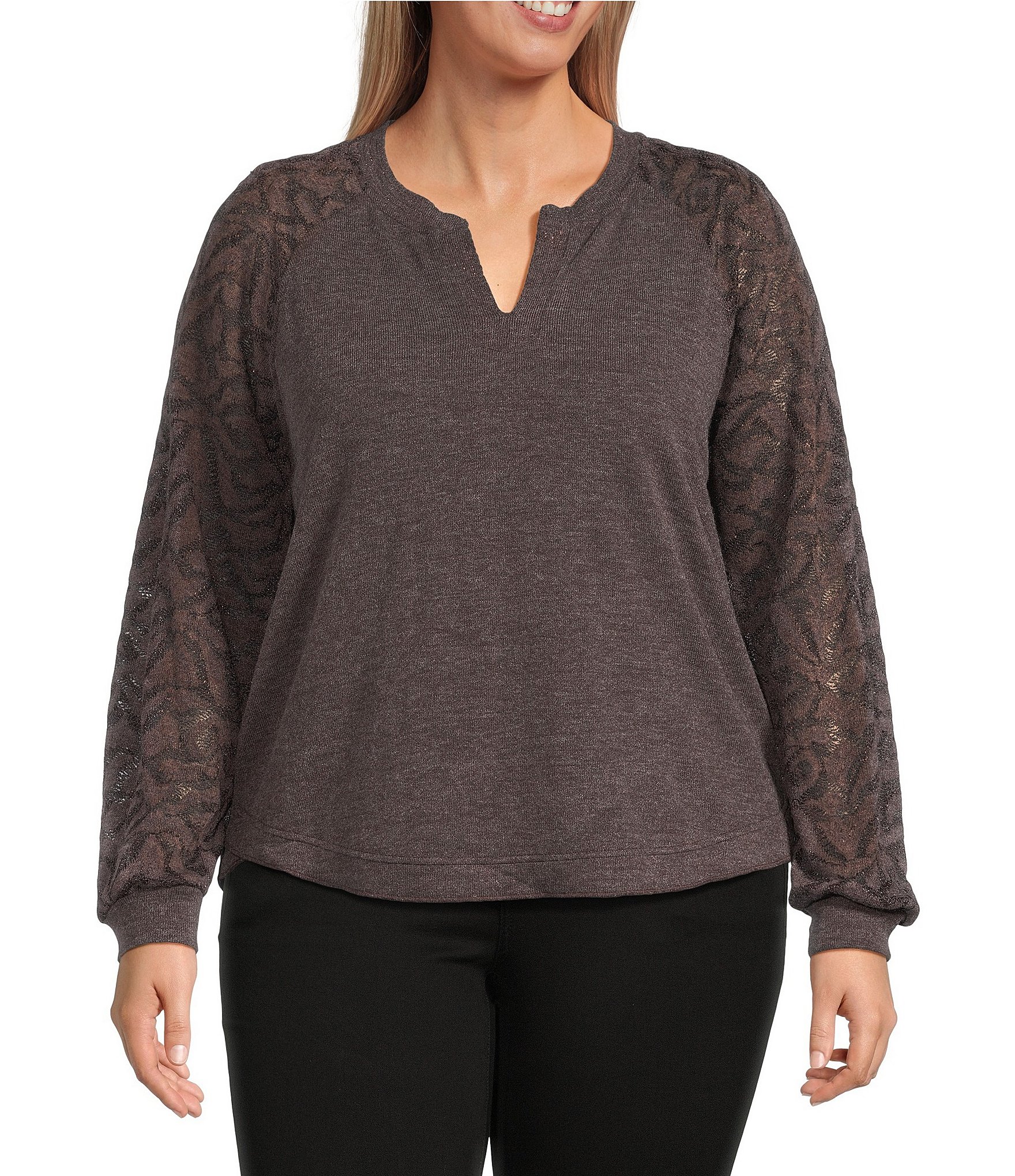 Democracy Plus Size Mixed-Media Knit Split Round Neck Long Sleeve Top