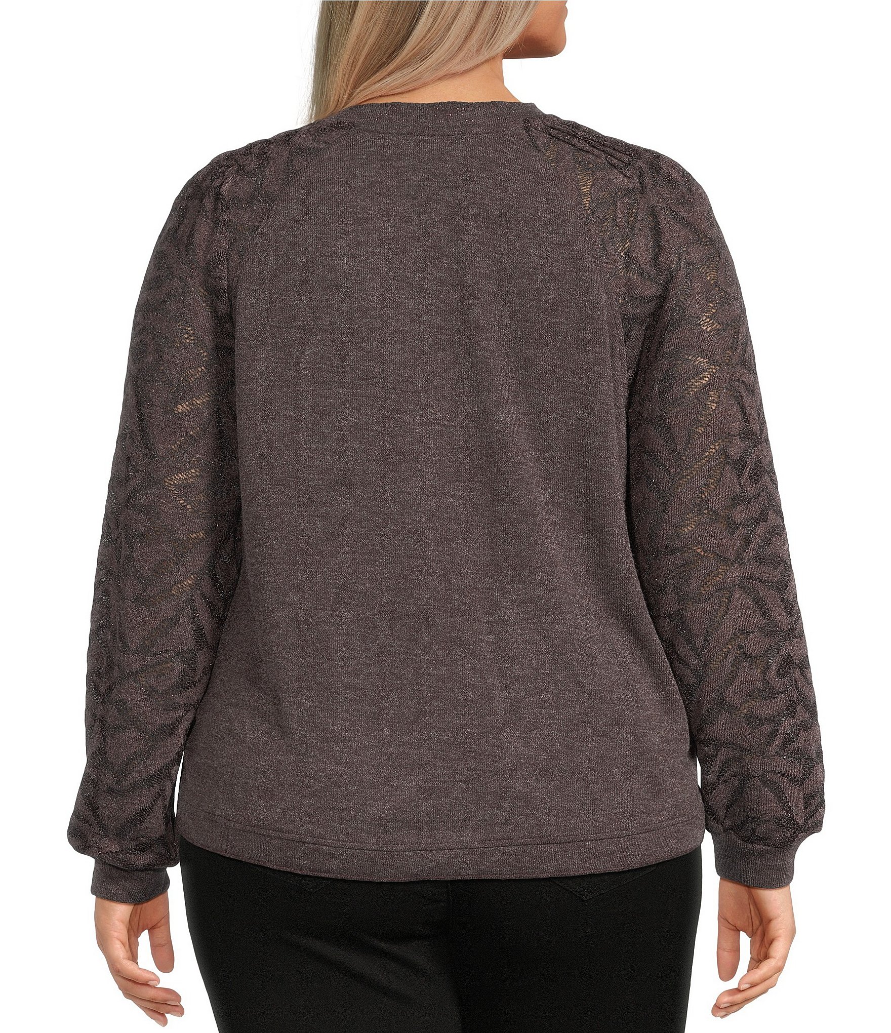 Democracy Plus Size Mixed-Media Knit Split Round Neck Long Sleeve Top