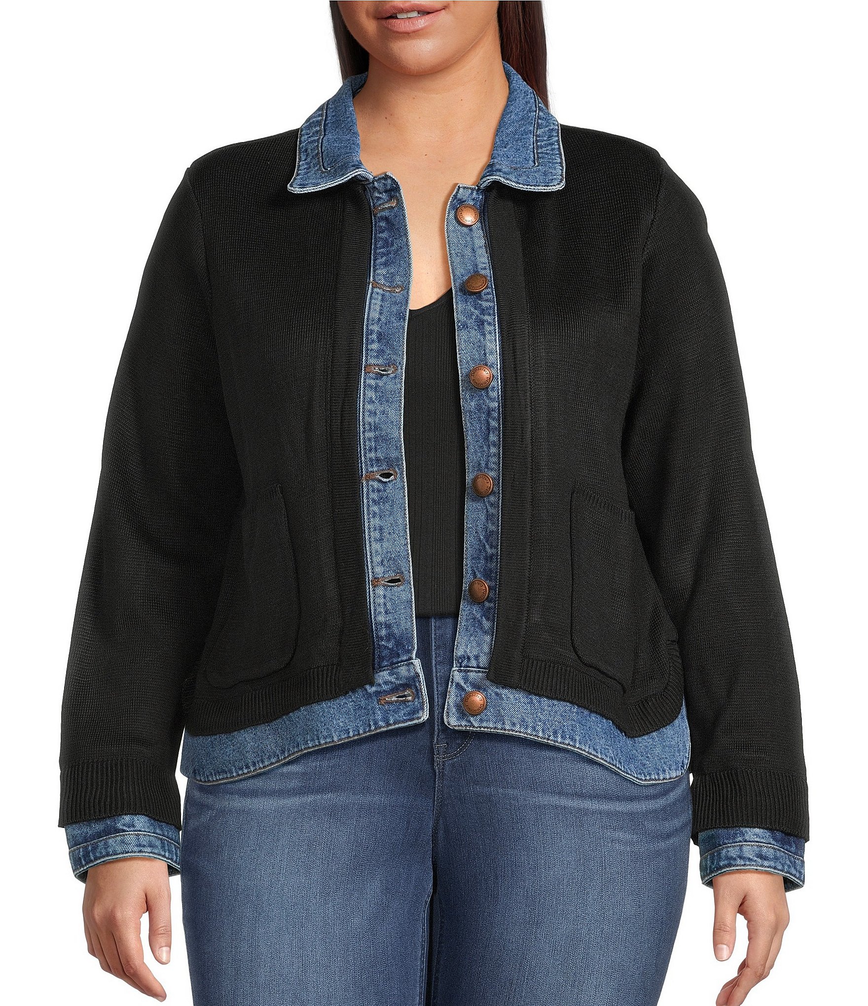 Democracy Plus Size Mixed-Media Point Collar Long Sleeve Button-Front Jacket