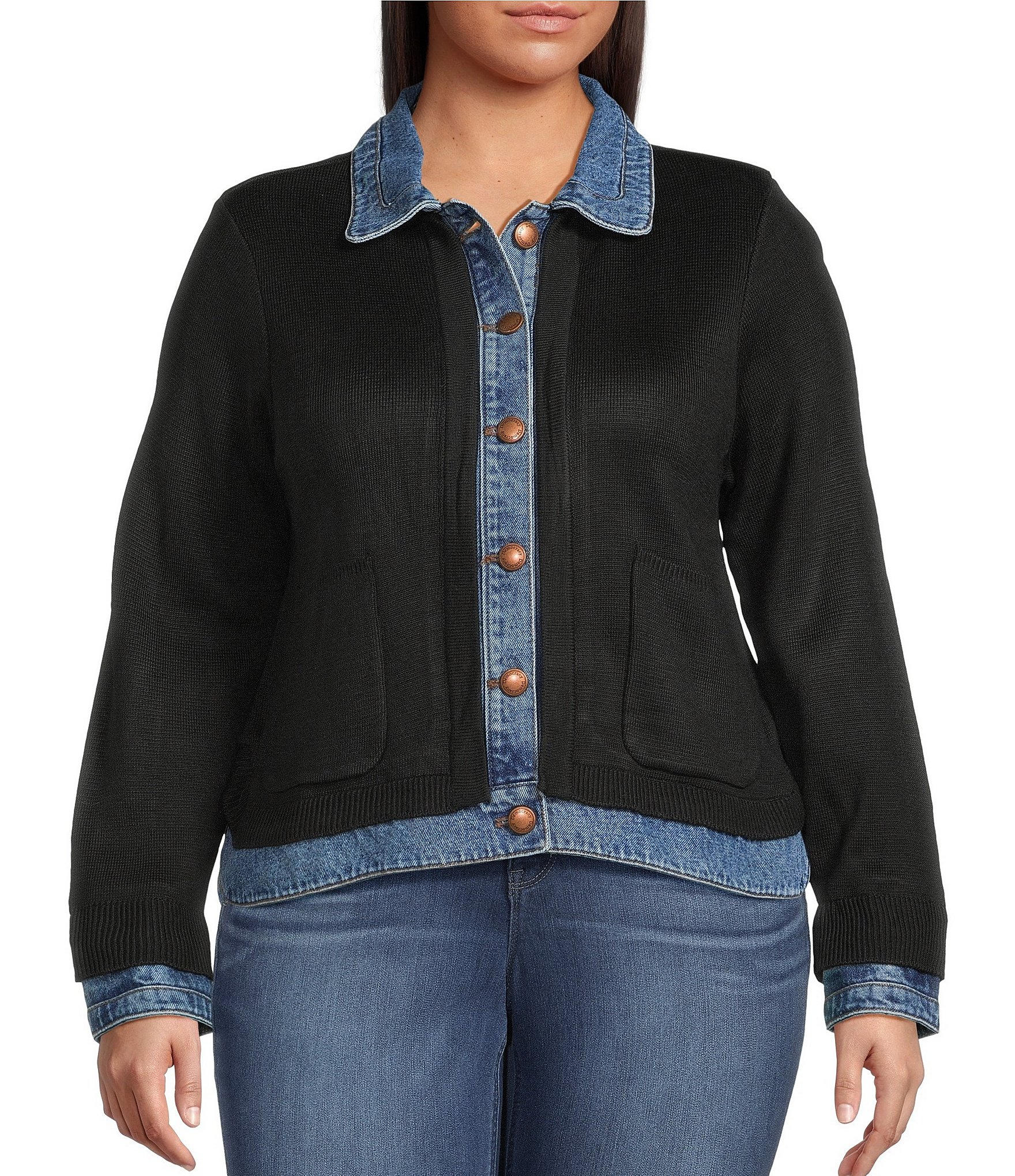 Democracy Plus Size Mixed-Media Point Collar Long Sleeve Button-Front Jacket