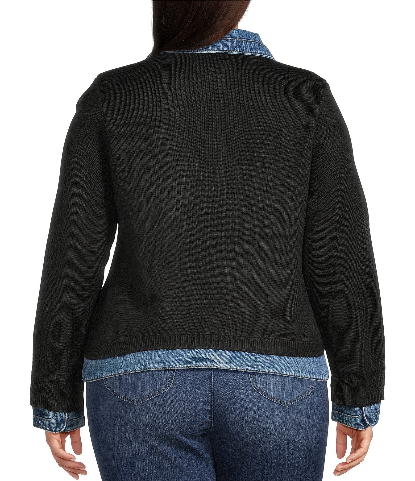 Democracy Plus Size Mixed-Media Point Collar Long Sleeve Button-Front Jacket