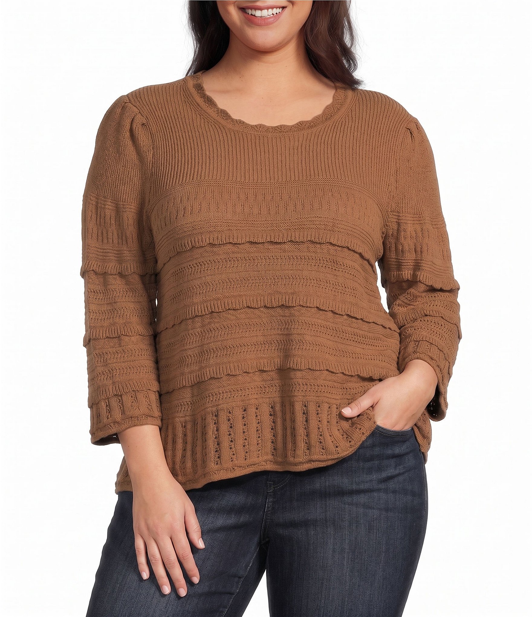 Democracy Plus Size Mixed Stitch Round Neck 3/4 Bell Sleeve Sweater