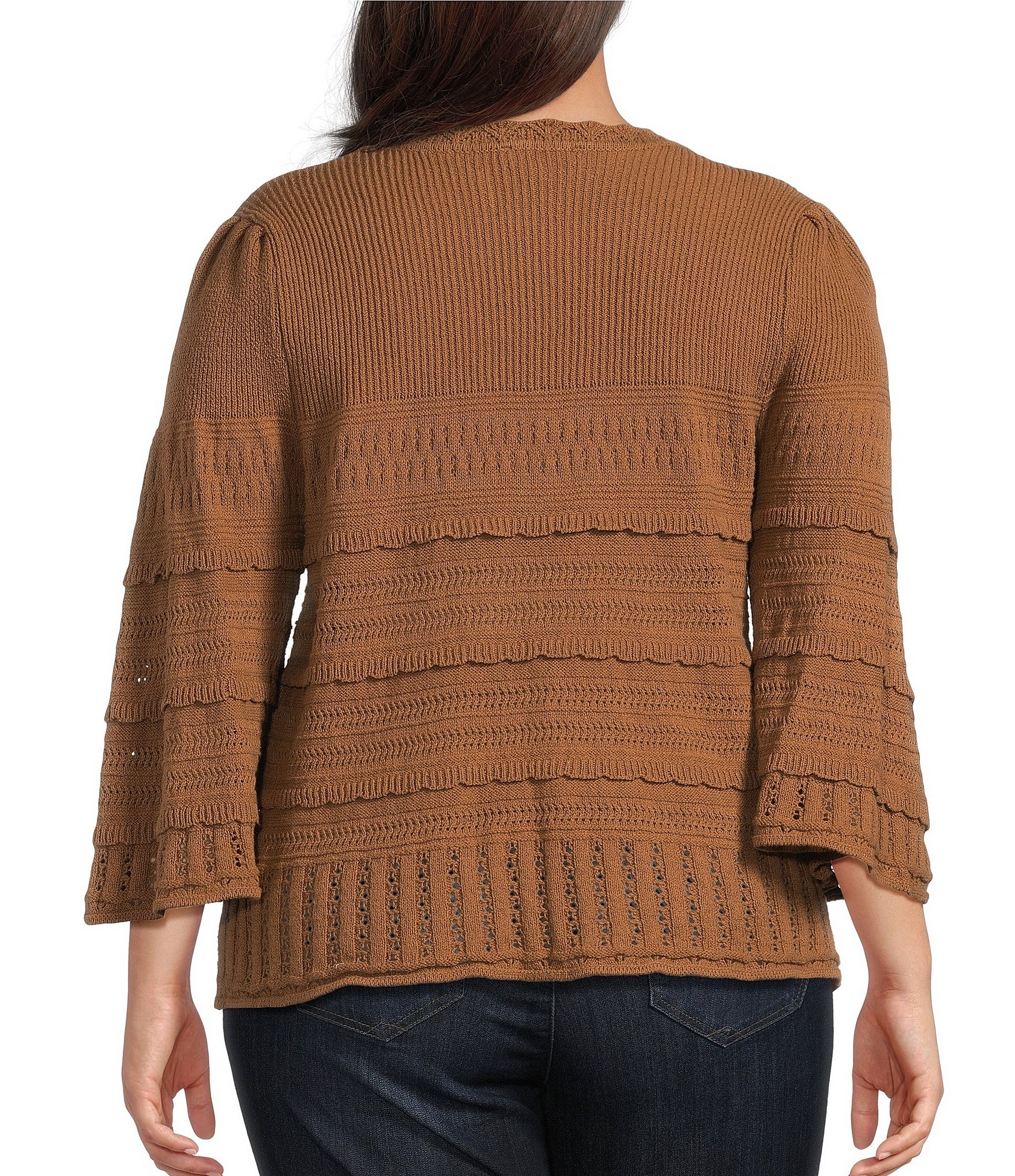 Democracy Plus Size Mixed Stitch Round Neck 3/4 Bell Sleeve Sweater