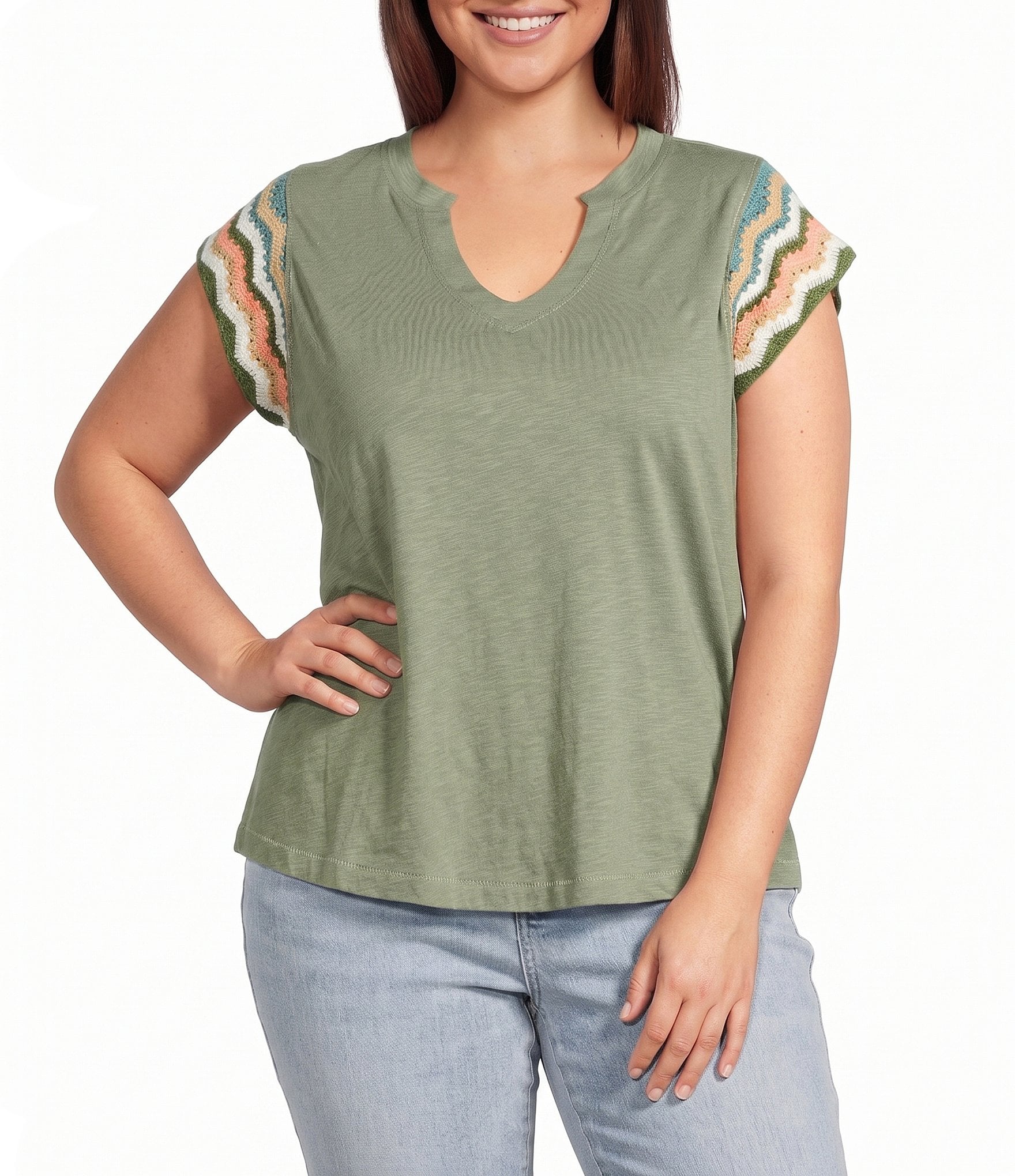 Democracy Plus Size Notch Collar Crochet Cap Sleeve Shirttail Hem Knit Top