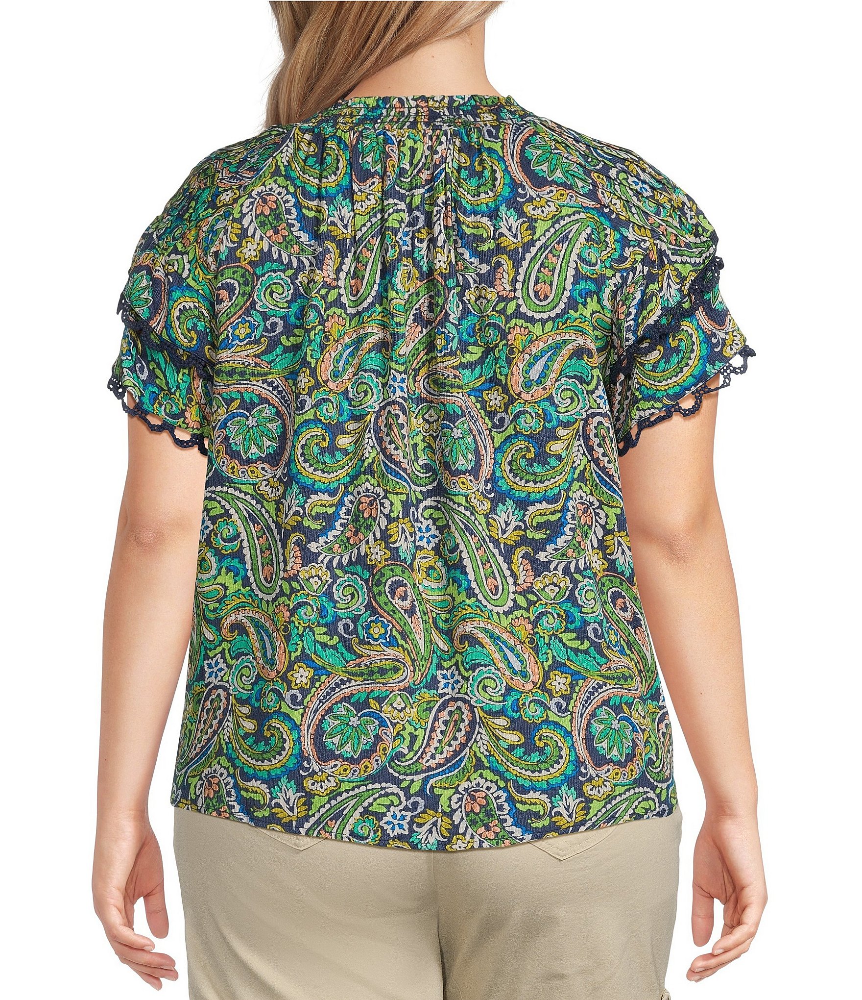 Democracy Plus Size Paisley Print Smocked Split V-Neck Lace Trim Double Flounce Sleeve Top