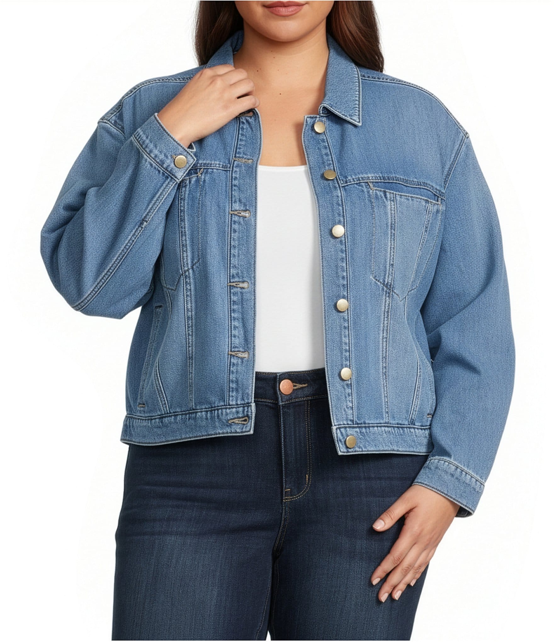 Democracy Plus Size Point Collar Long Sleeve High-Low Hem Button Front Denim Jacket