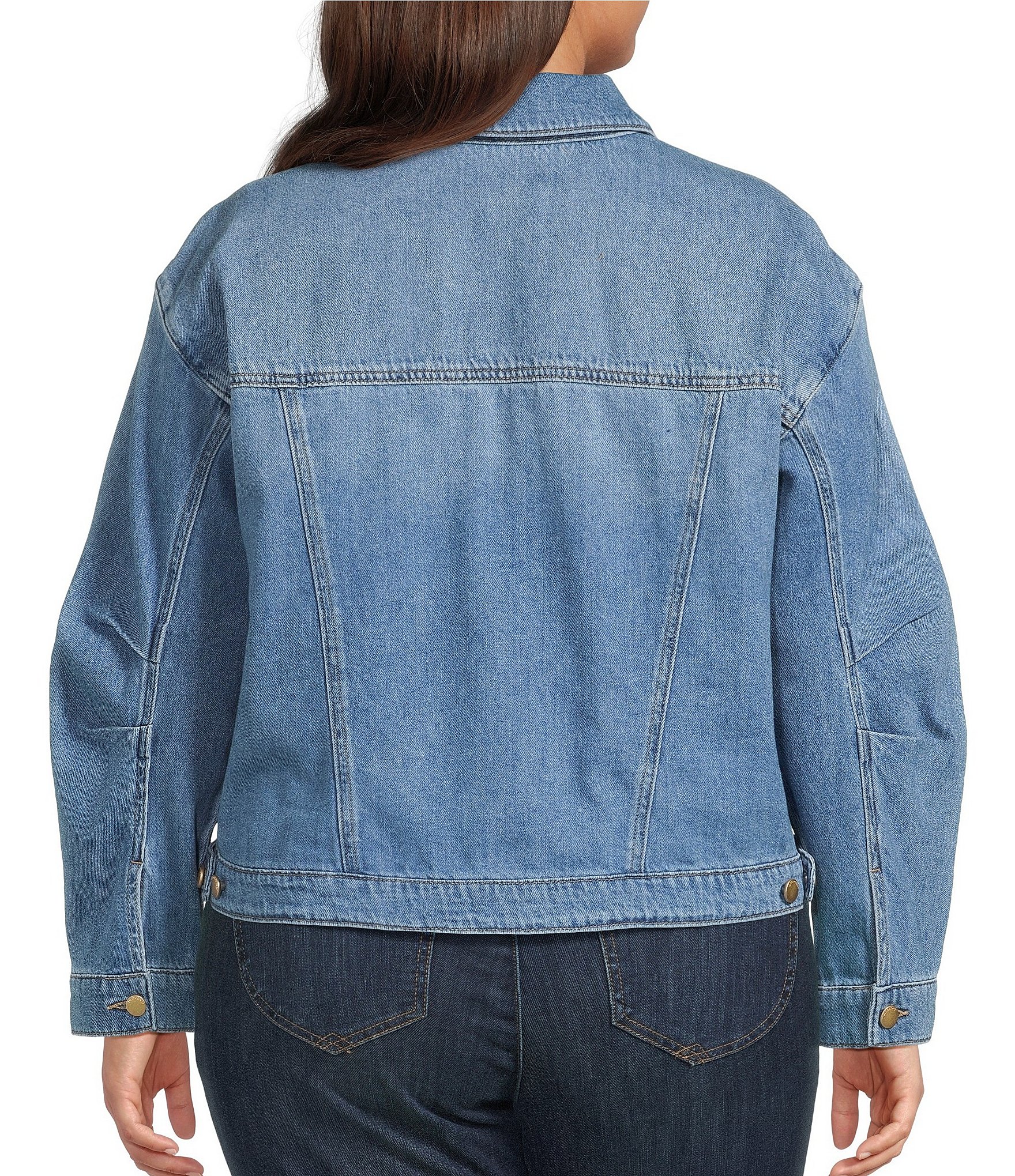 Democracy Plus Size Point Collar Long Sleeve High-Low Hem Button Front Denim Jacket