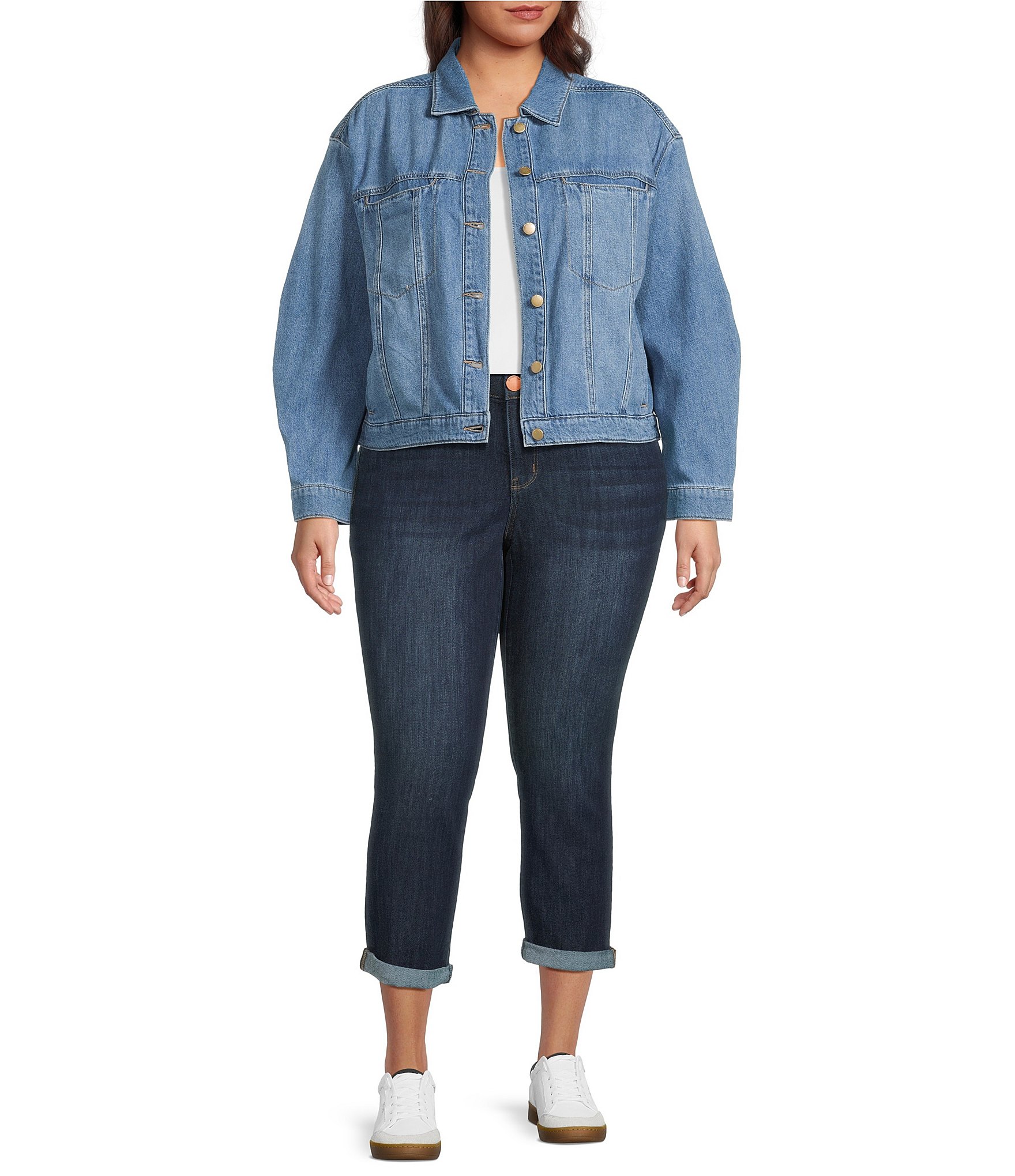 Democracy Plus Size Point Collar Long Sleeve High-Low Hem Button Front Denim Jacket