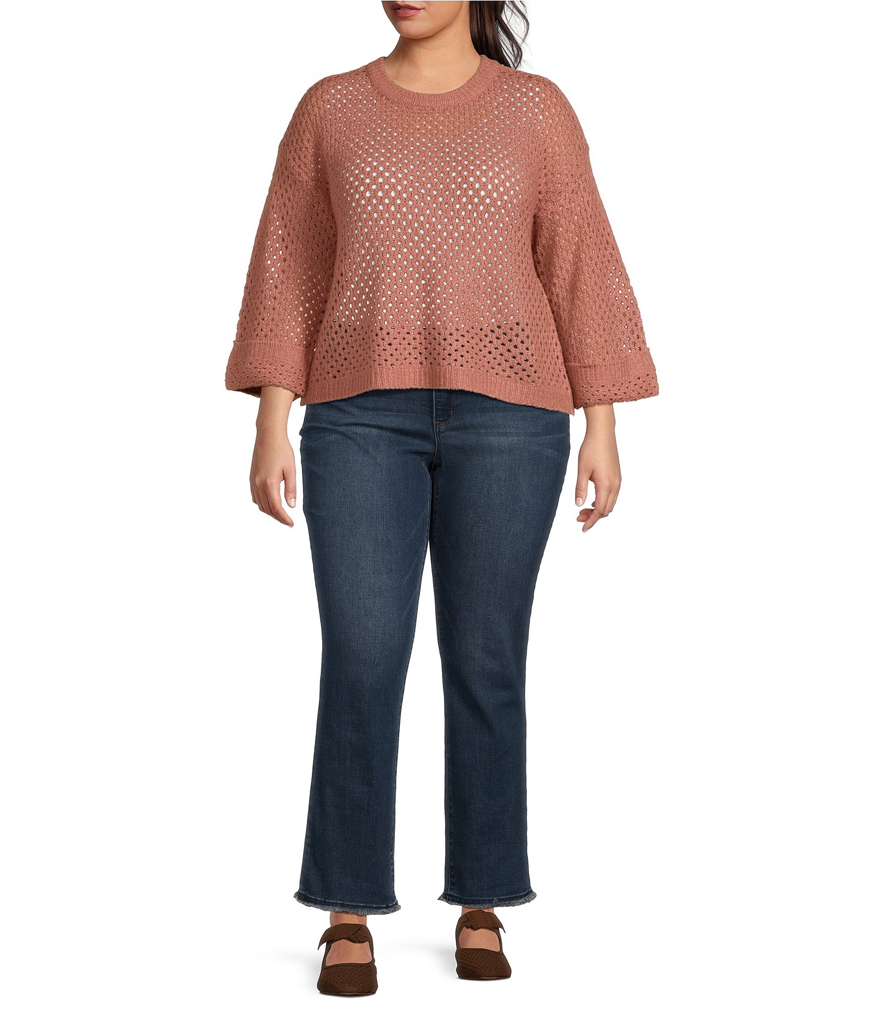 Democracy Plus Size Round Neck 3/4 Sleeve Openwork Sweater