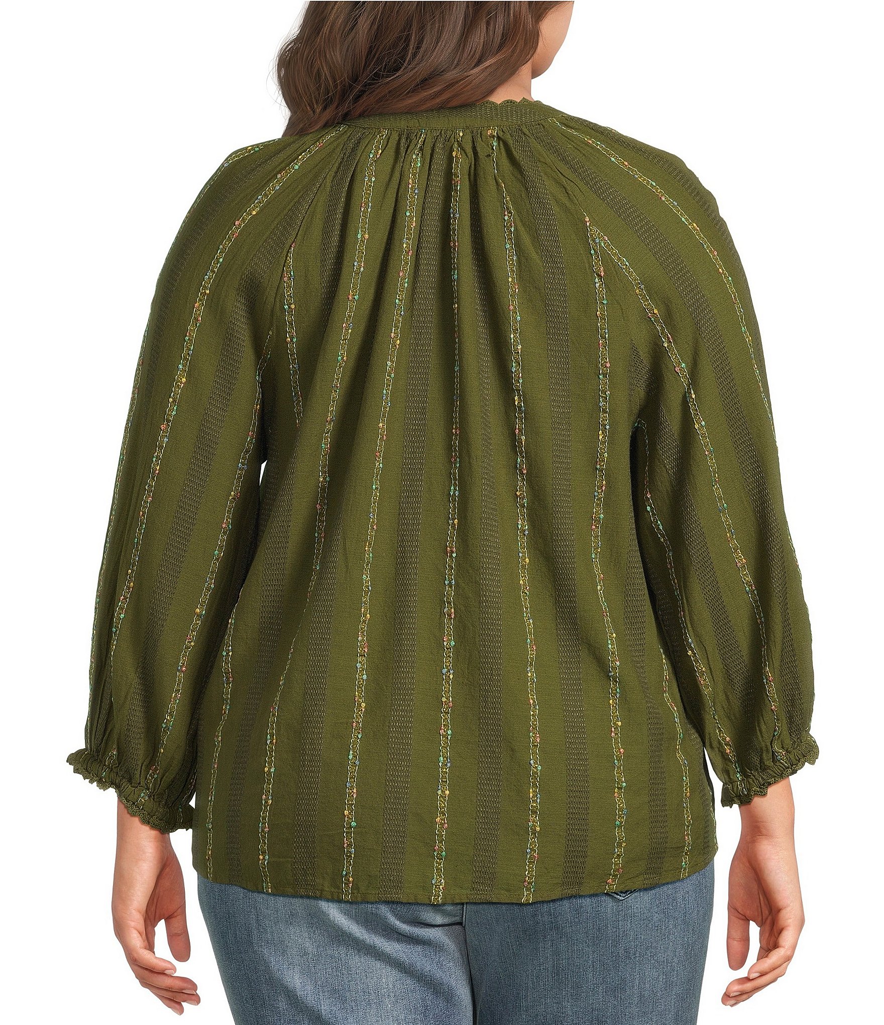 Democracy Plus Size Stripe Split V-Neck 3/4 Blouson Sleeve Top