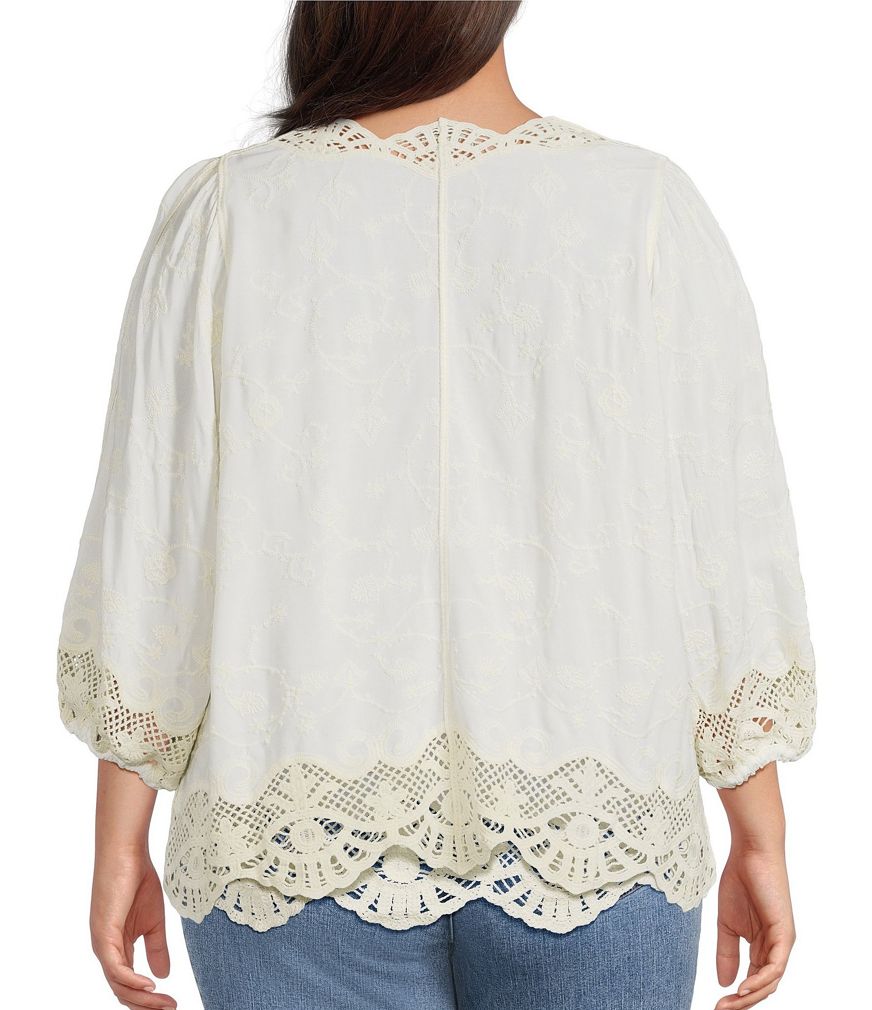 Democracy Plus Size Woven 3/4 Blouson Sleeve Crochet Framing Open-Front Crop Jacket