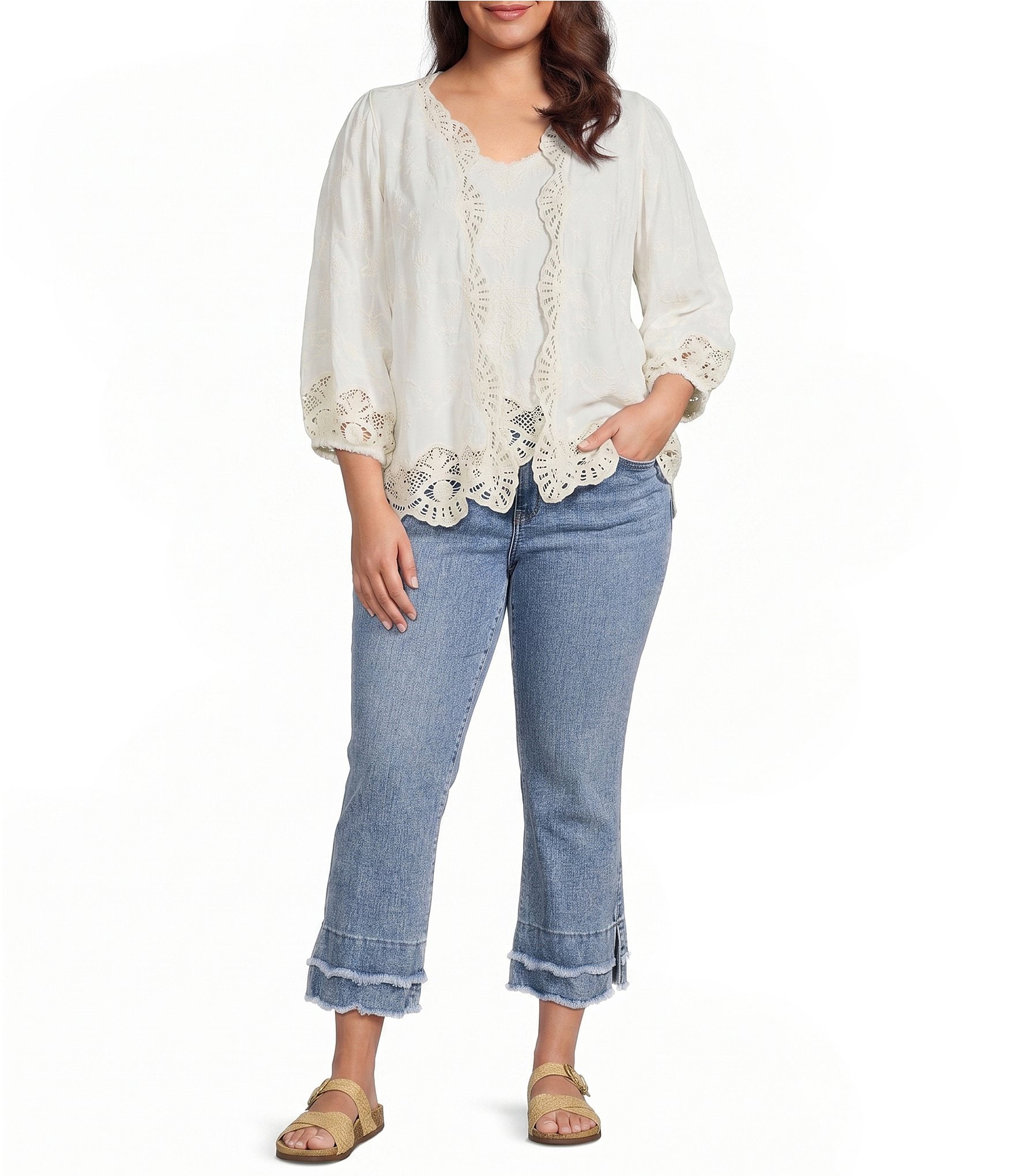 Democracy Plus Size Woven 3/4 Blouson Sleeve Crochet Framing Open-Front Crop Jacket