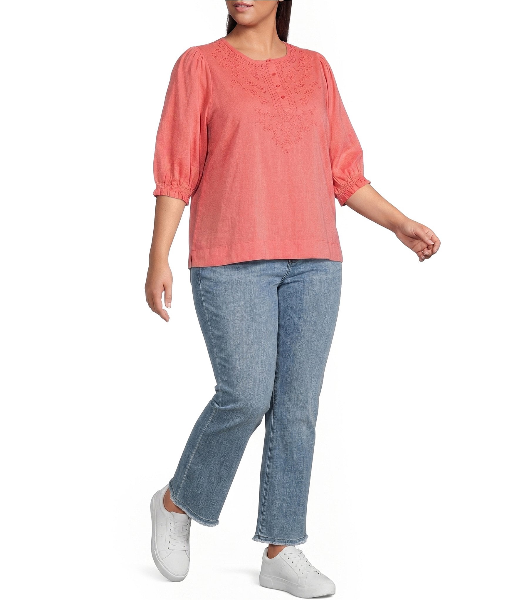 Democracy Plus Size Woven Embroidered Yoke Henley Collar Below Elbow Length Sleeve Top