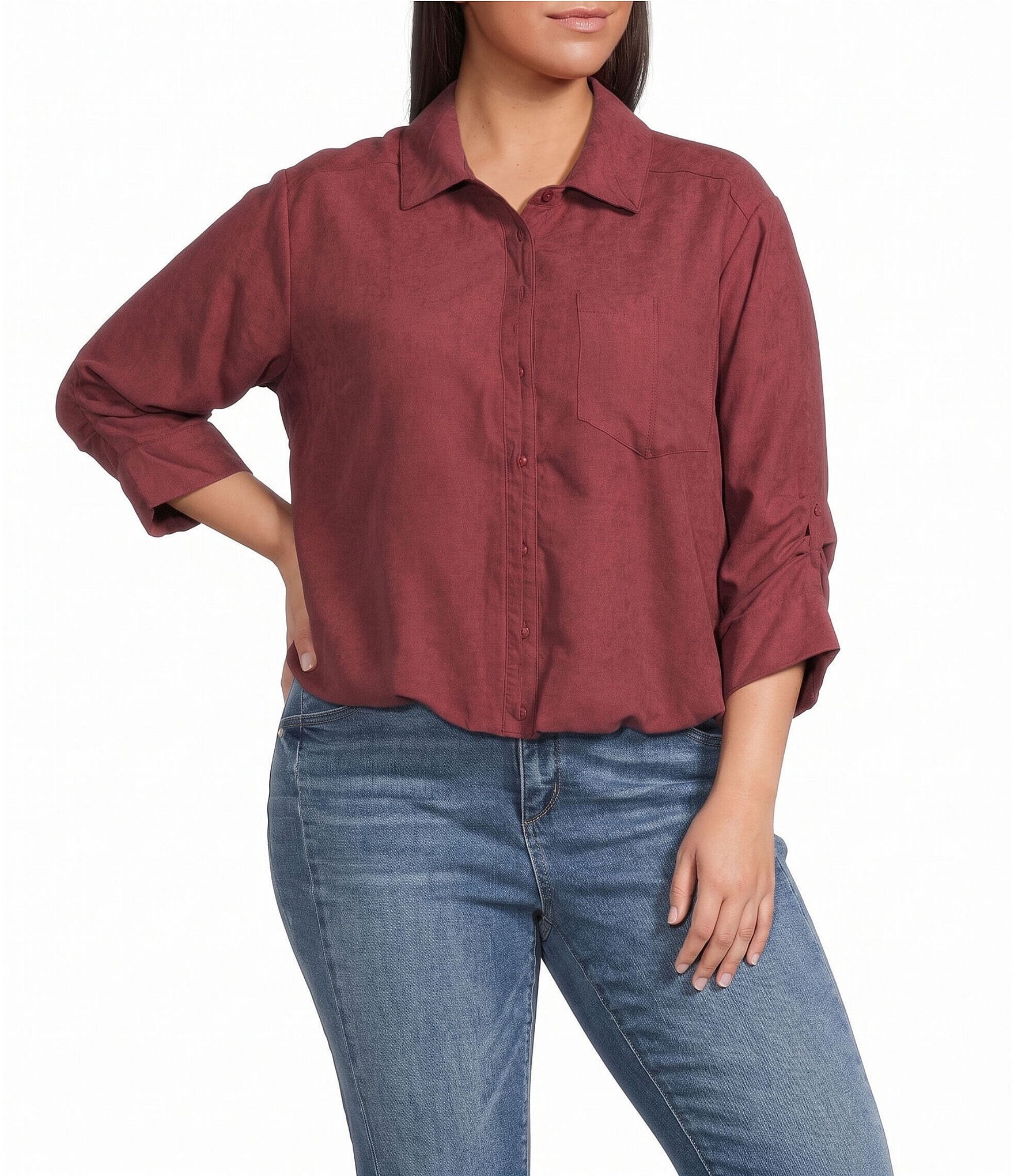 Democracy Plus Size Faux Suede Point Collar 3/4 Tucked Sleeve Bubble Hem Button Front Shirt