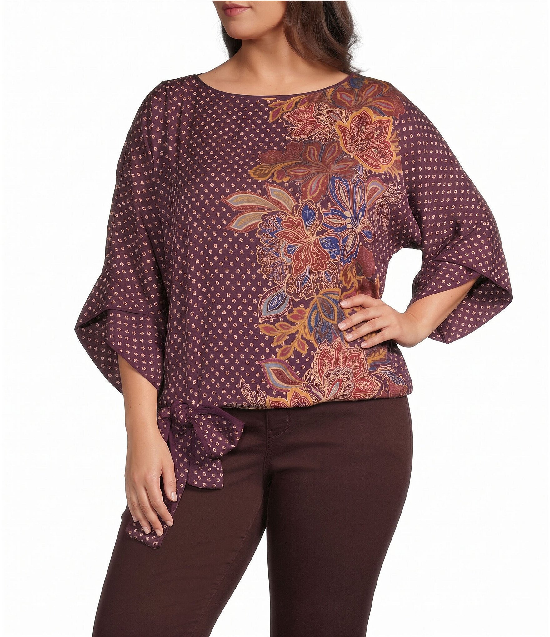 Democracy Plus Size Woven Polka Dot Floral Boat Neck 3/4 Dolman Sleeve Self Bow Tie Top