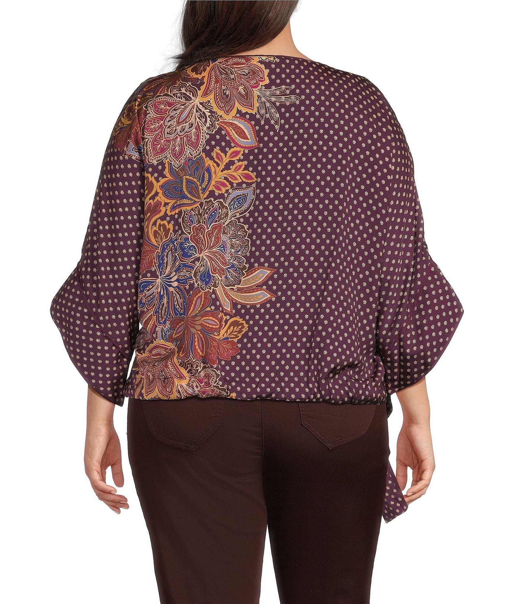 Democracy Plus Size Woven Polka Dot Floral Boat Neck 3/4 Dolman Sleeve Self Bow Tie Top