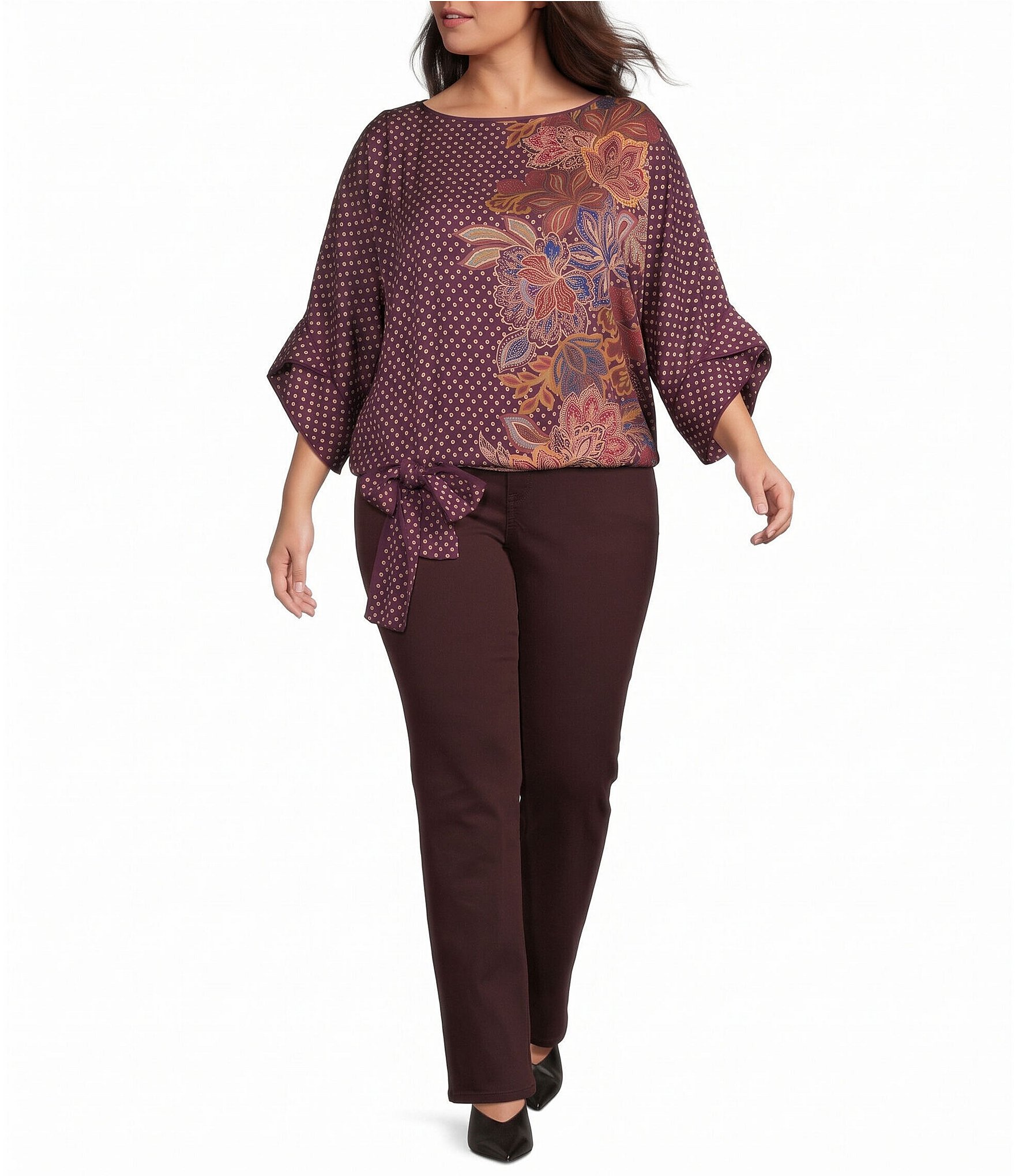 Democracy Plus Size Woven Polka Dot Floral Boat Neck 3/4 Dolman Sleeve Self Bow Tie Top