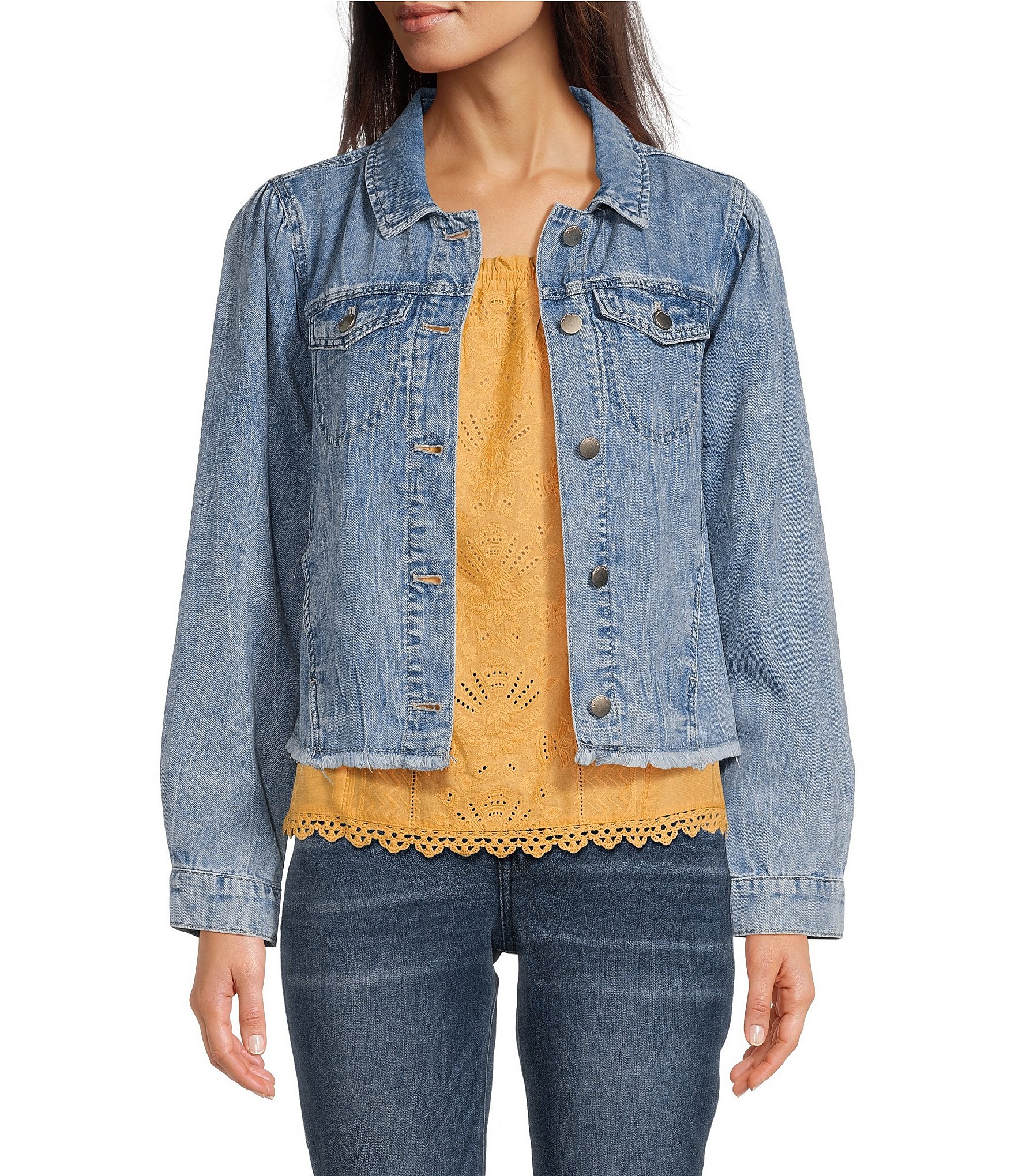 Democracy Point Collar Long Sleeve Frayed Hem Chest Flap Pocket Button Front Denim Jacket Dillard s