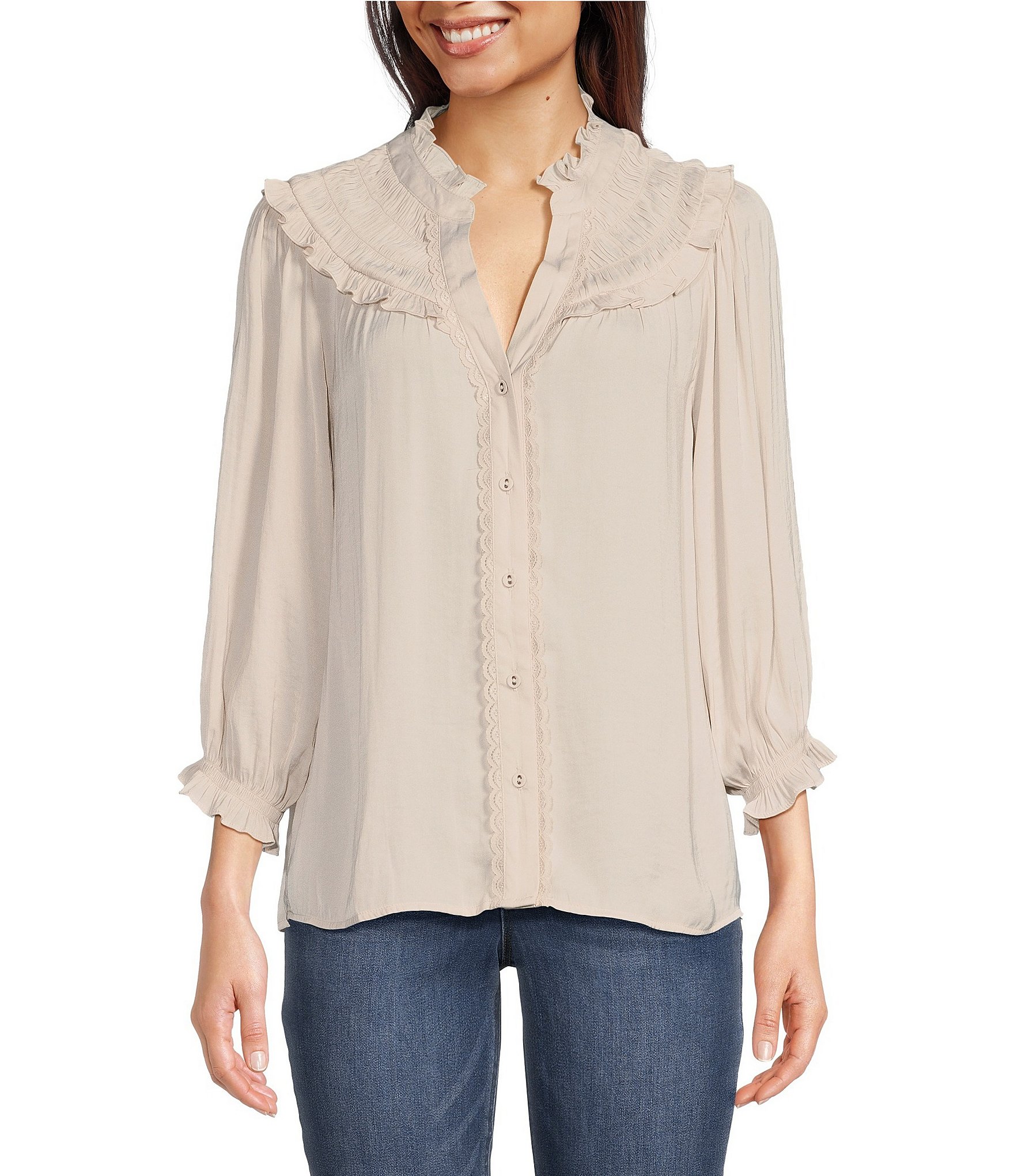 Anne Klein Sheer Front Ruffle Trim Button Front Blouse