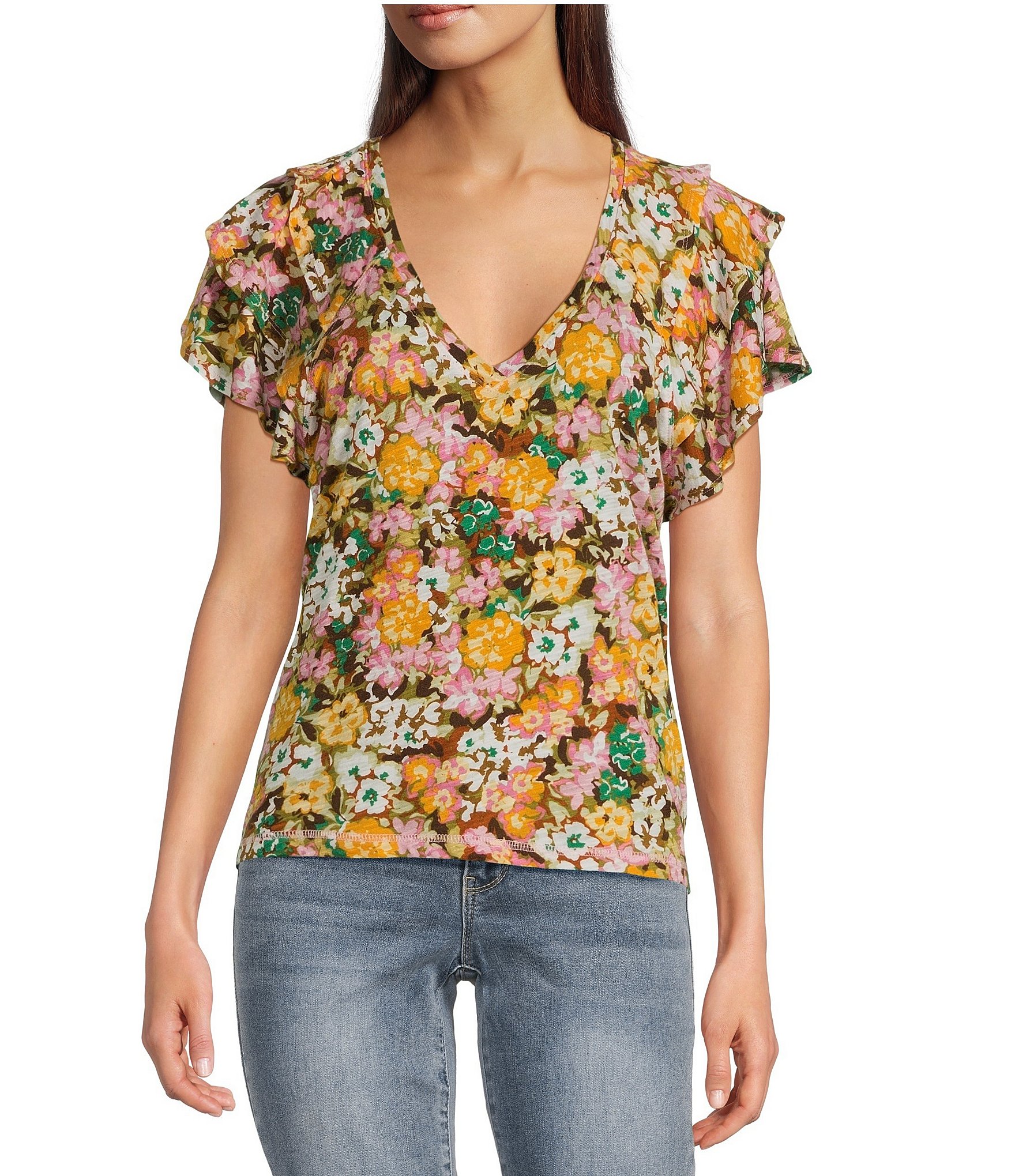 Democracy Slub Jersey Knit Floral V-Neck Short Tiered Sleeve Top
