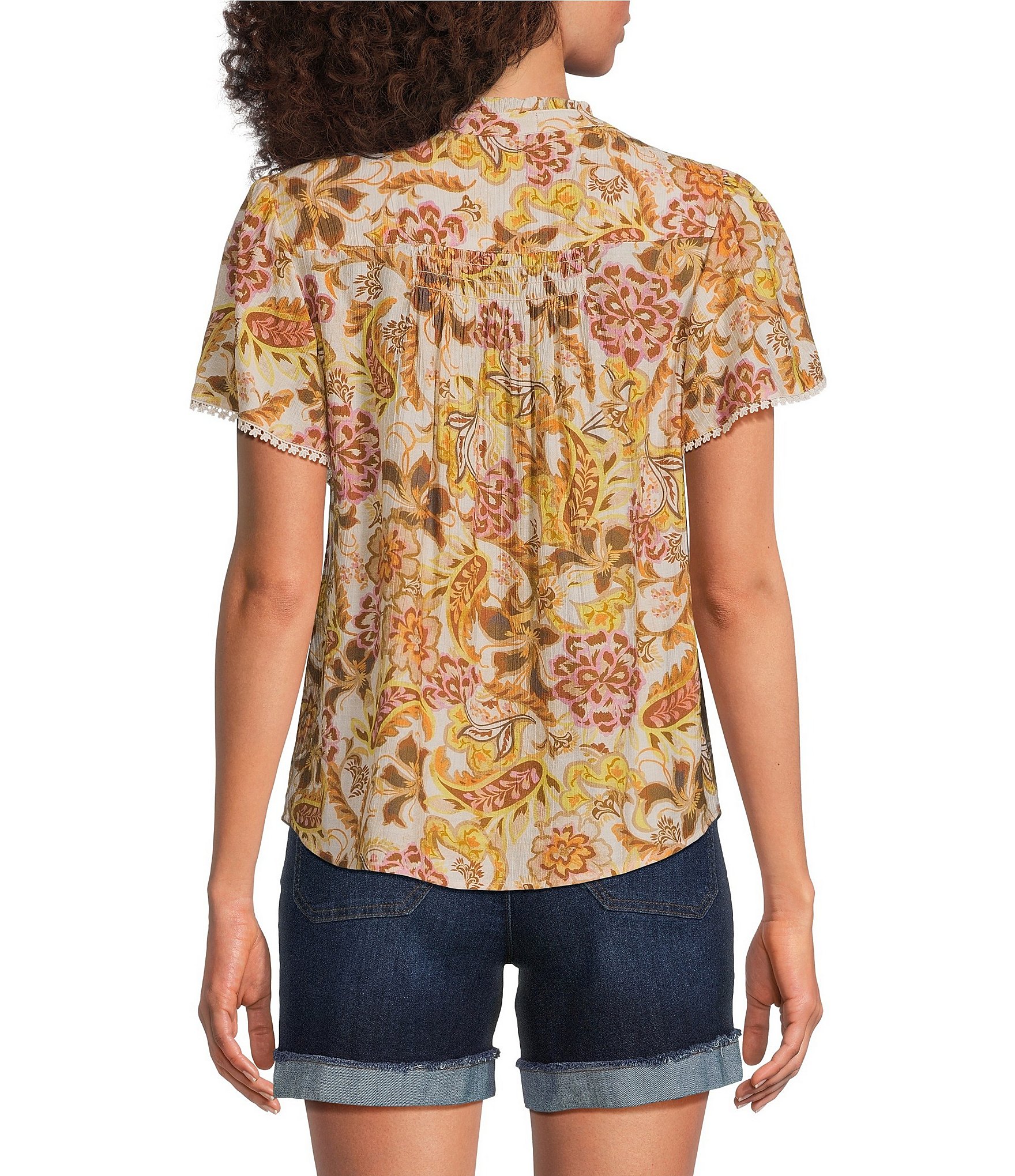 Democracy Woven Floral Split V-Neck Short Sleeve Ruched Button Front Top