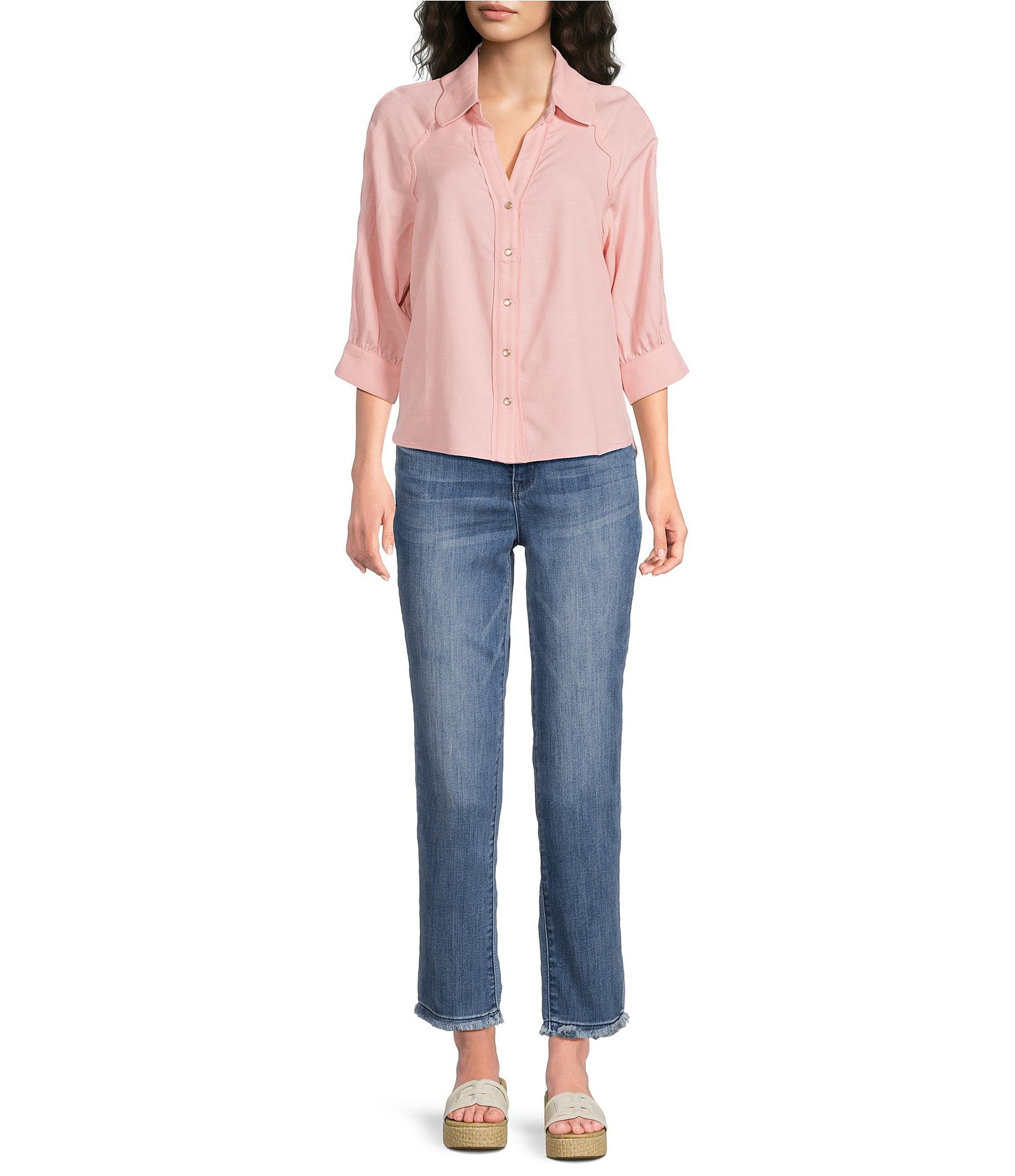 Democracy Woven Solid Point Collar 3/4 Sleeve Shirt