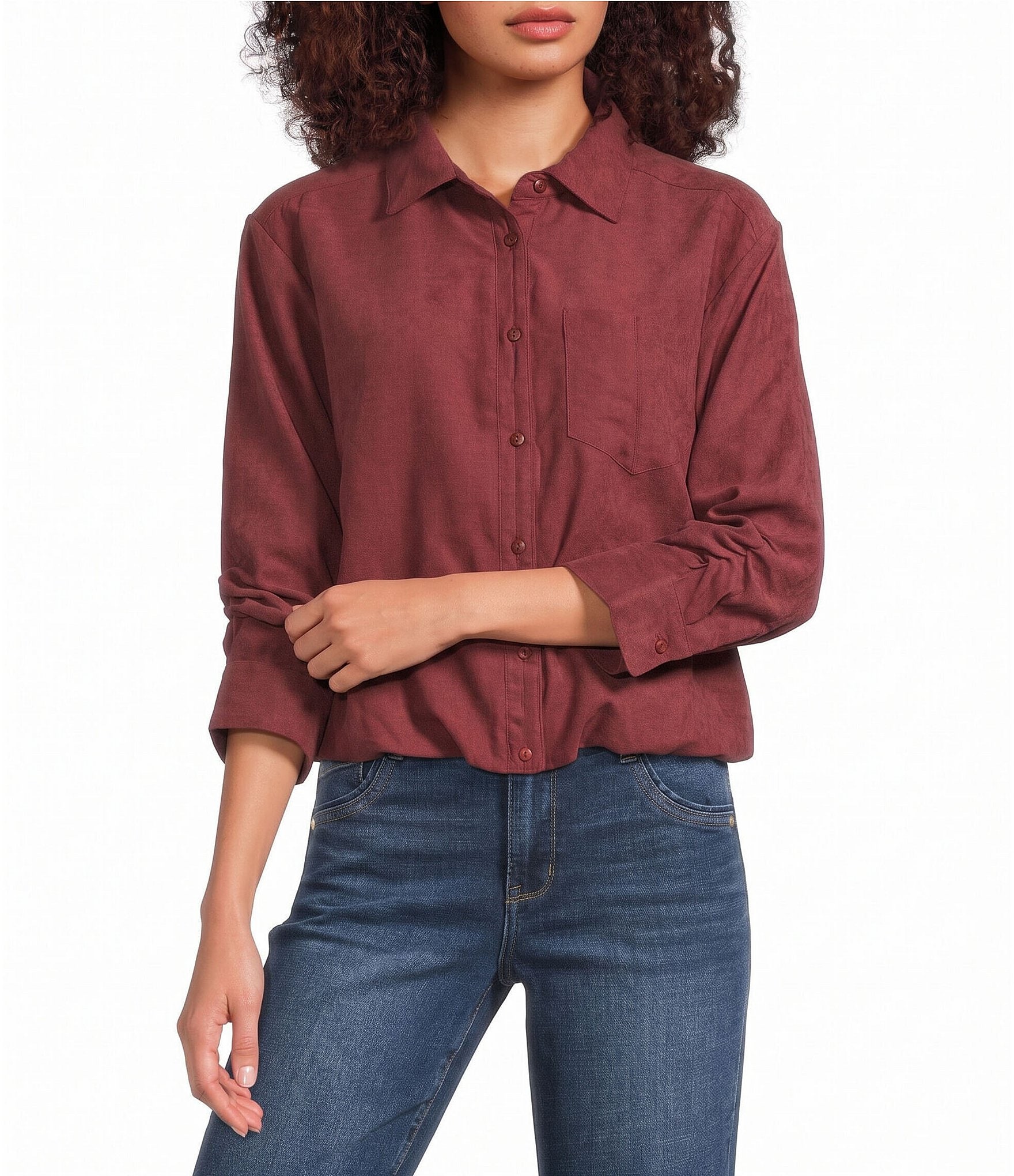 Democracy Faux Suede Point Collar 3/4 Tucked Sleeve Bubble Hem Button Front Shirt