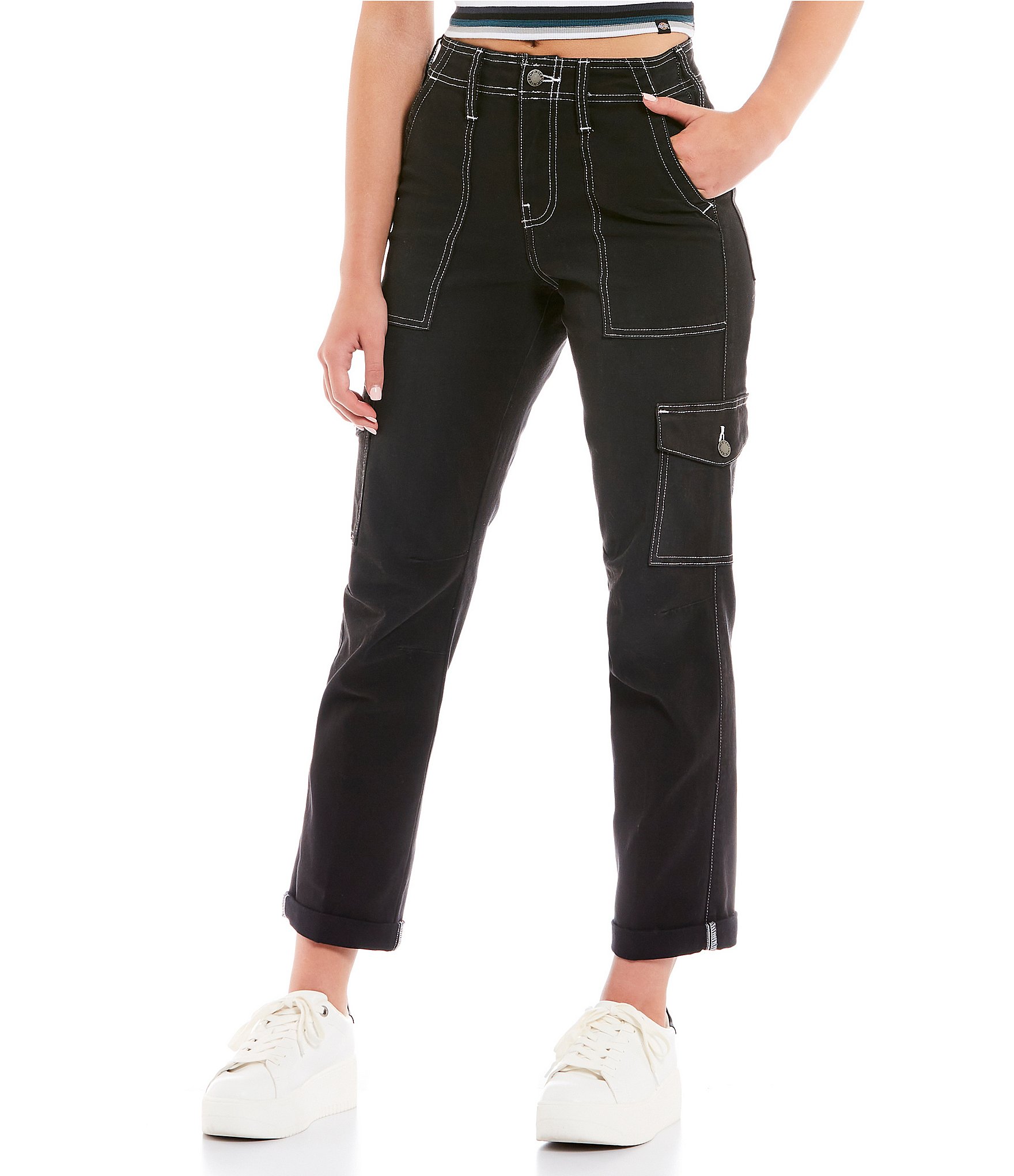High Waisted Contrast Stitch Cargo Jogger Jeans