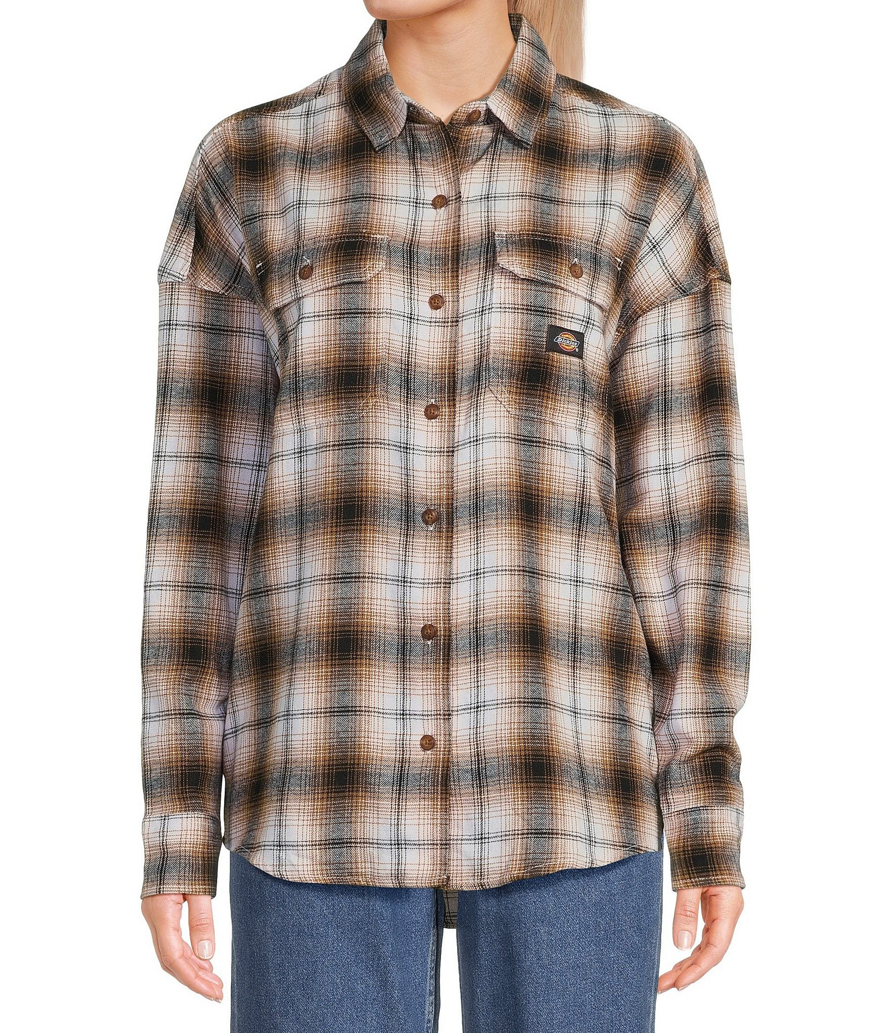 Dickies Long Sleeve Brushed Plaid Print Button Front Flannel Shirt ...